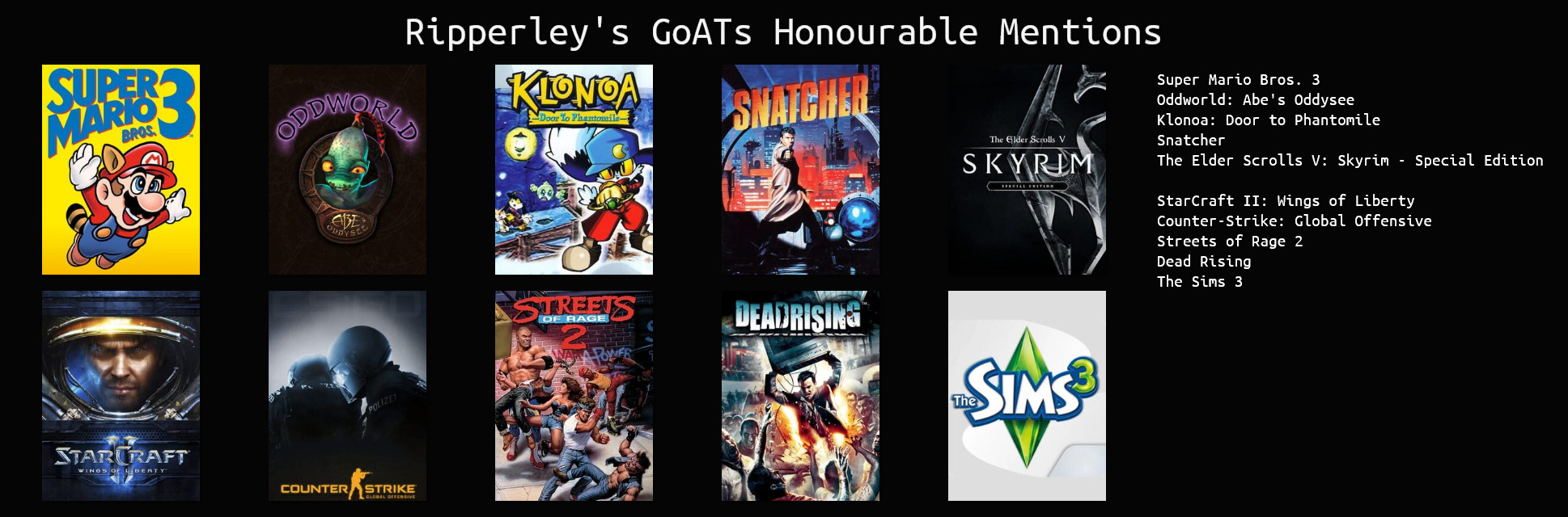 "Ripperley's GoaTs Honourable Mentions"
Super Mario Bros. 3, Oddworld: Abe's Oddysey, Klonoa: Door to Phantomile, SNATCHER, The Elder Scrolls V: Skyrim
StarCraft II, Counter-Strike: Global Offensive, Streets of Rage 2, Dead Rising, The Sims 3