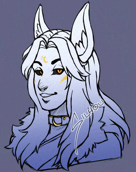 A portrait of a humanoid moon fox spirit. It is colored with a white and blue gradient, yellow accents, and is on a purple background.