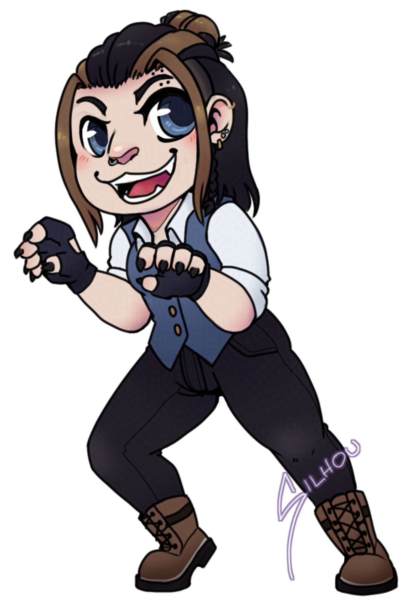 A chibi human character doing a little roar pose, with their arms up, claws out, and leaning forward.