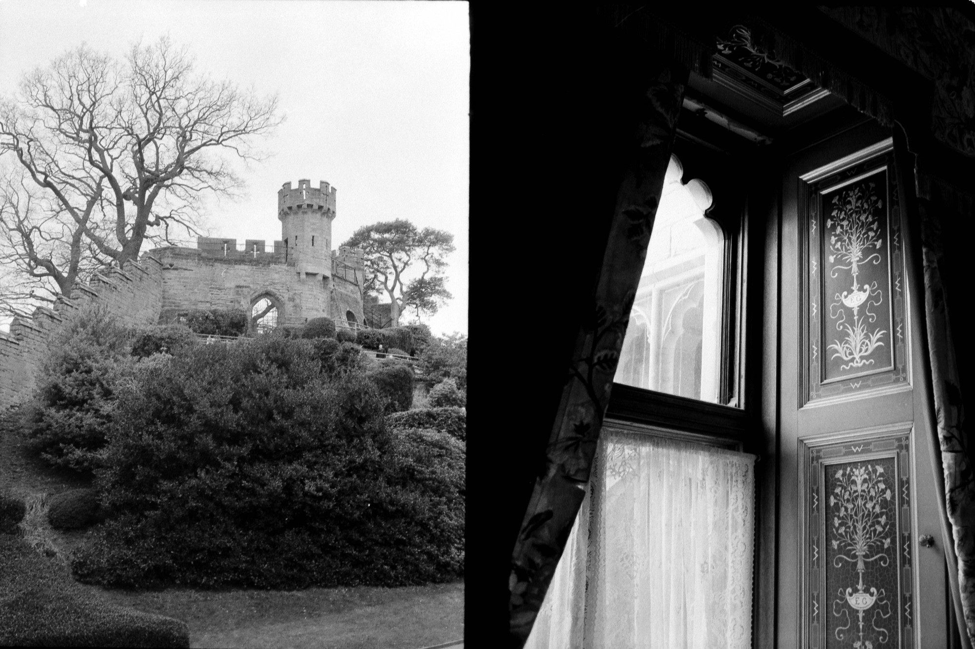 A black-and-white diptych of part of a castle exterior above shrubs next to an interior of the window decorated with ornate inlaid panels and heavy curtains