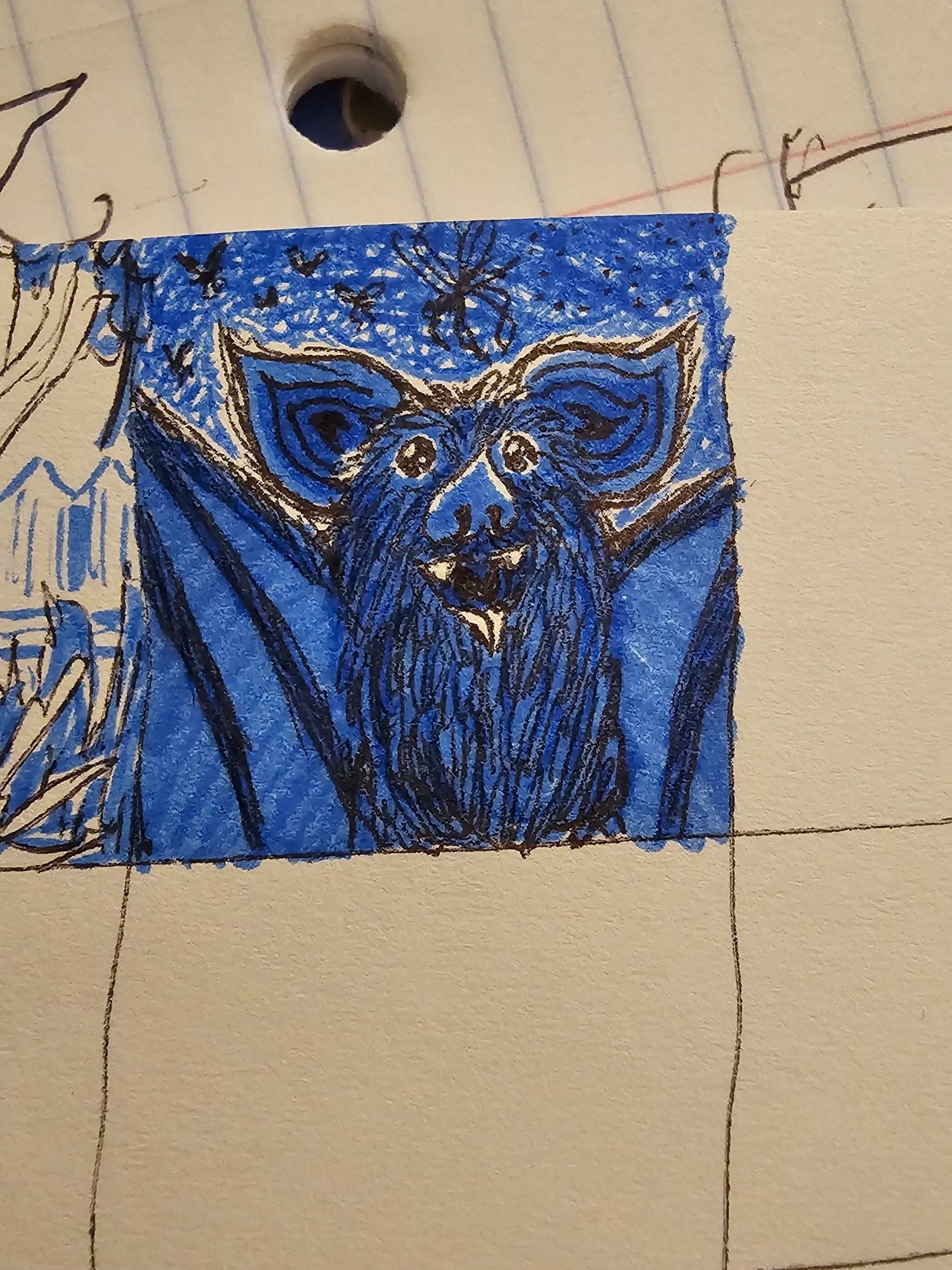 A black and blue ink drawing of a bat smiling with its mouth open as it flies through the night sky towards a mosquito