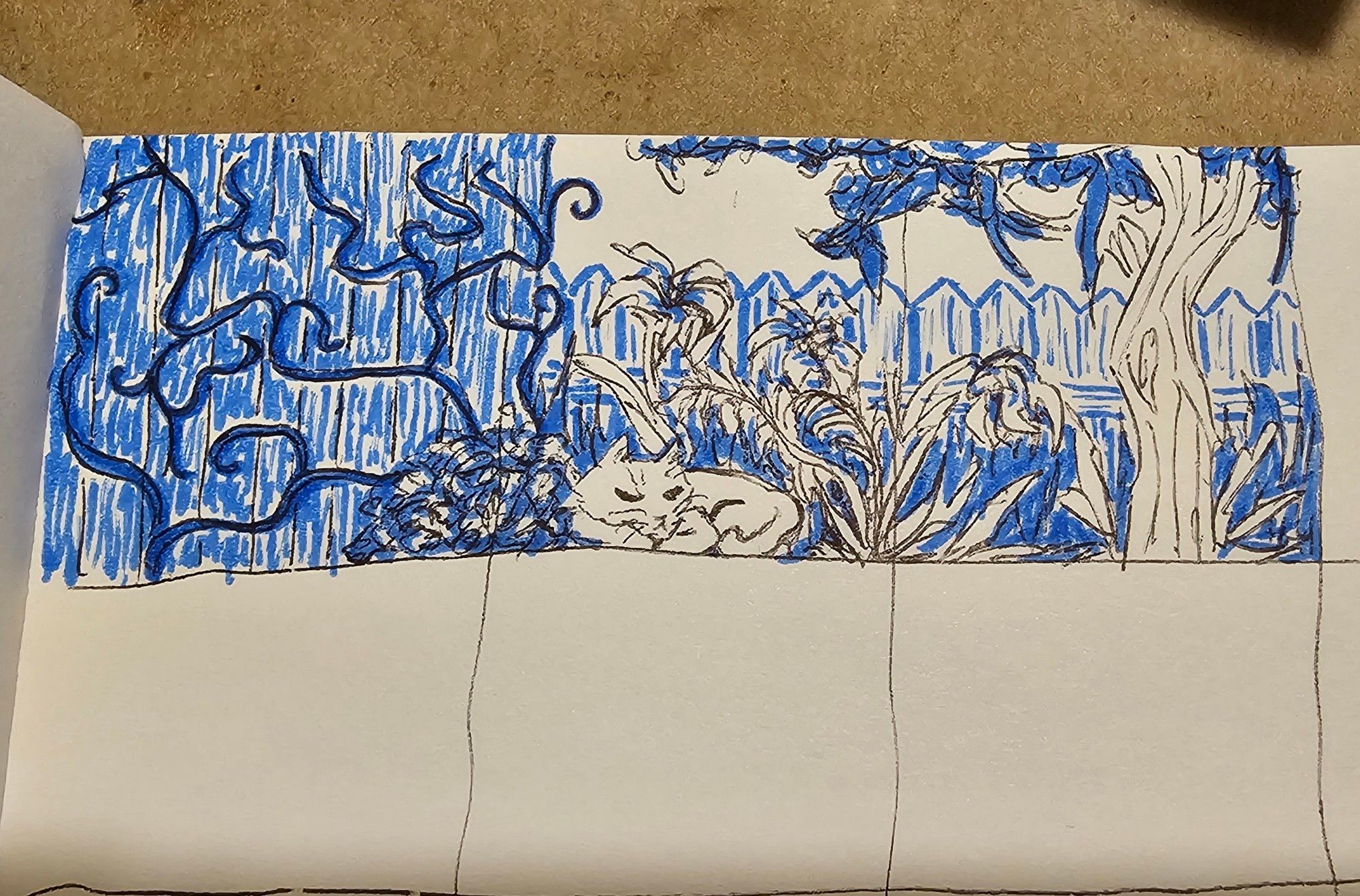 A pen drawing of a cat sleeping in a garden, shaded with blue ink. To the left is a wall with vines crawling over it, to the right is a tree with hanging leaves and seedpods, in the background is tall grass and a picket fence, and the cat is in the center surrounded by bushes and tall but wilting flowers.