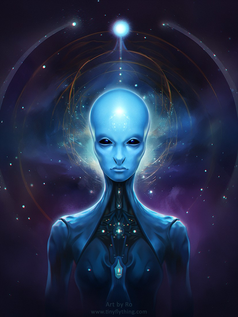 portrait of a blue tall alien looking directly at the viewer with black eyes. the figure has no hair and blue skin. in the background is a starfield.