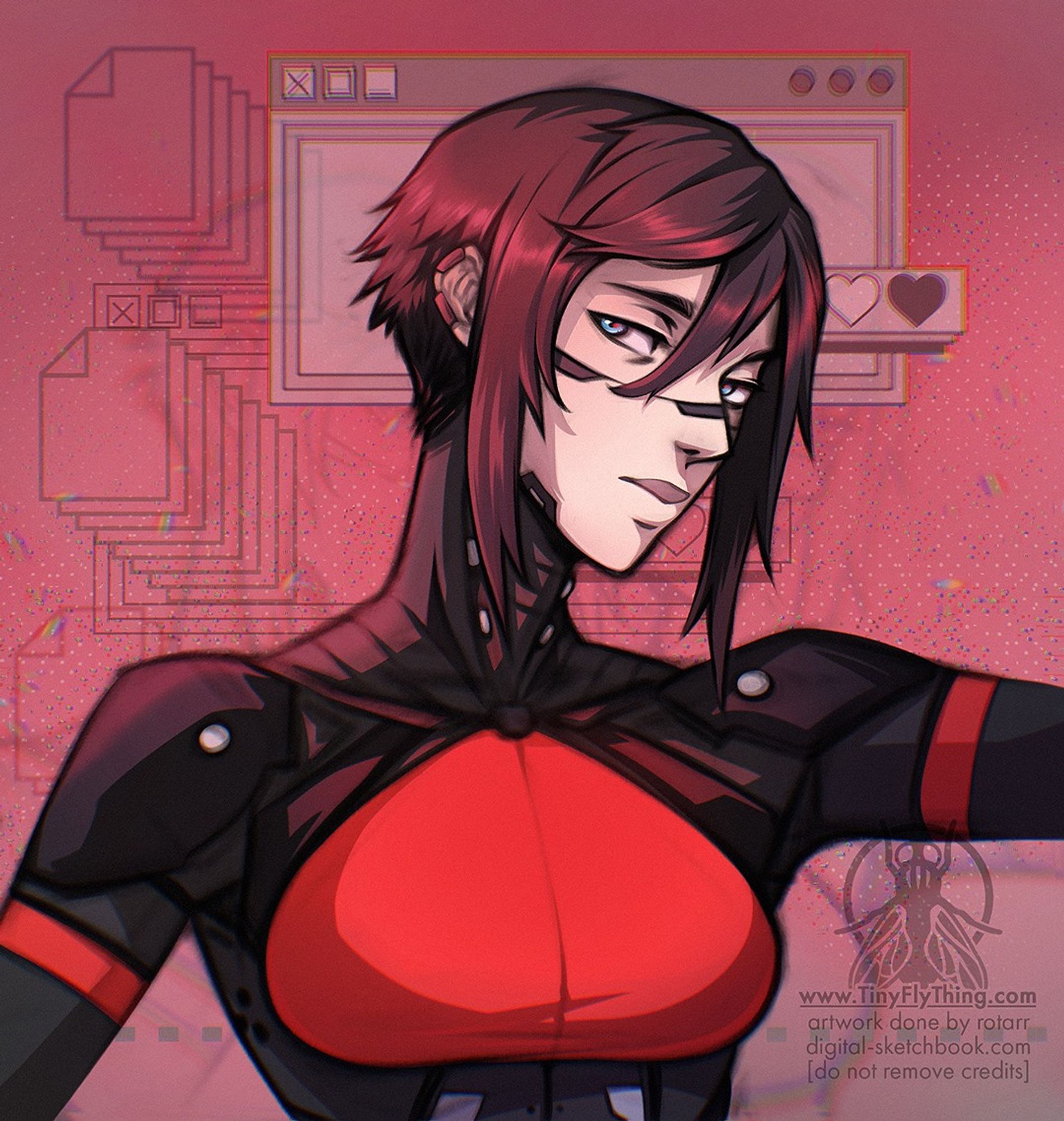 bust fanart of elster from the videogame signalis. she is a dark haired female with a robotic body on a red abstract digital background