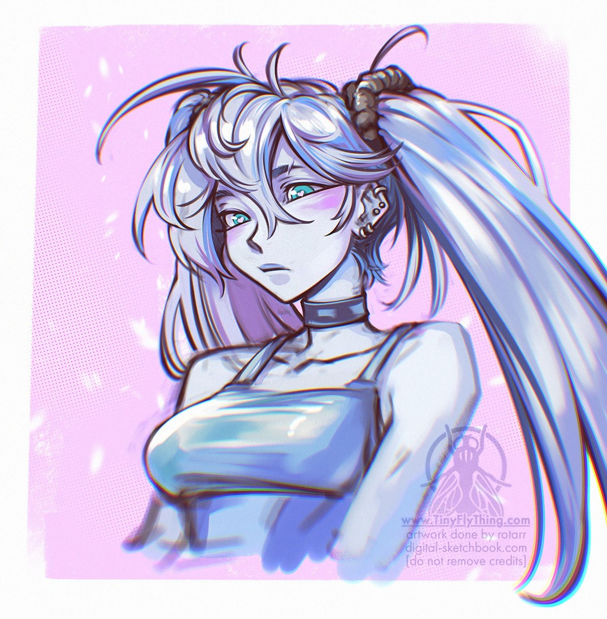 Painting of an anime girl with grey/blue skin and long hair with a holographic tank top on a pink background.