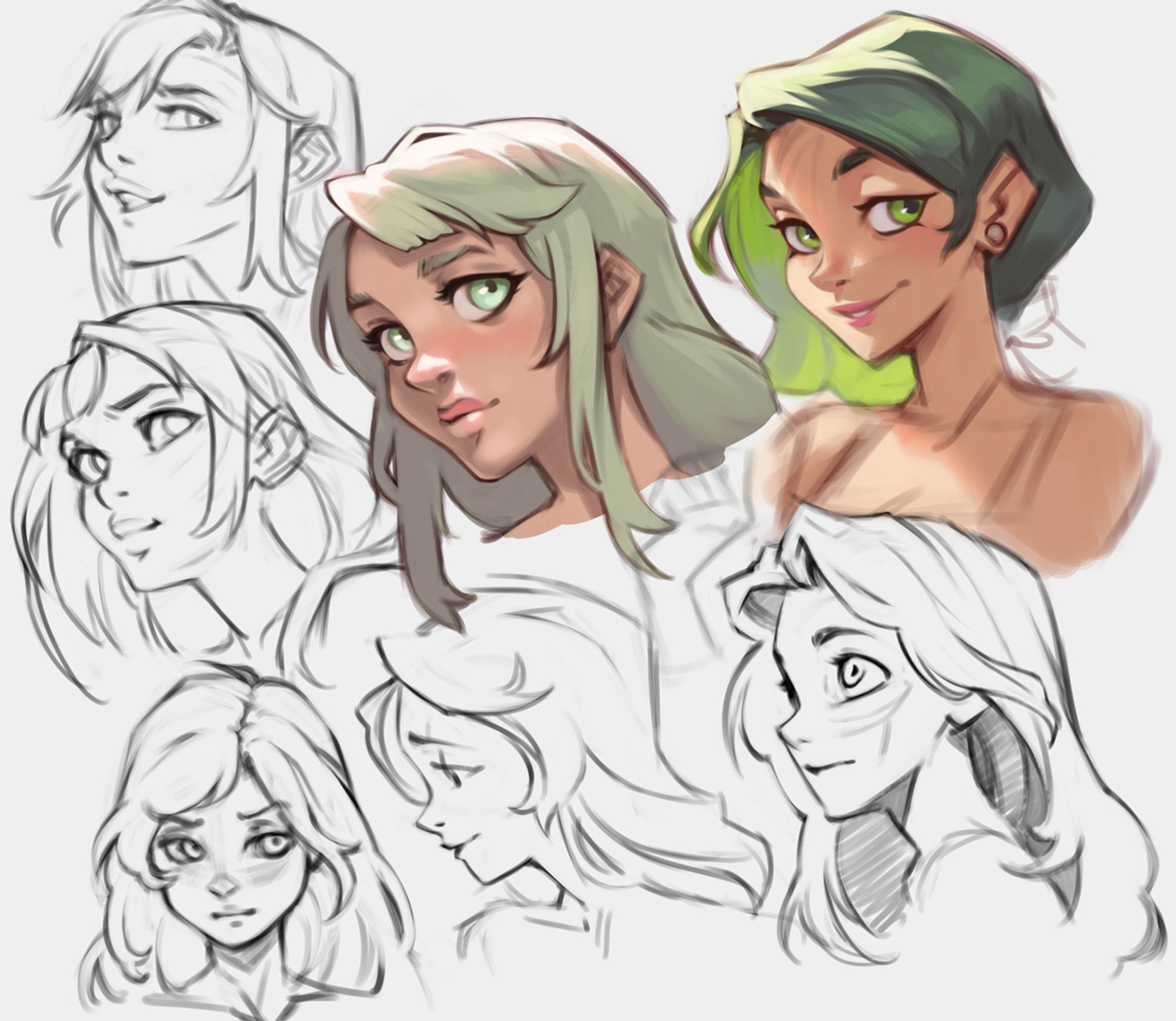 a digital sketchpage of multiple heads with different expressions all facing left. two sketches are colored with green hair.