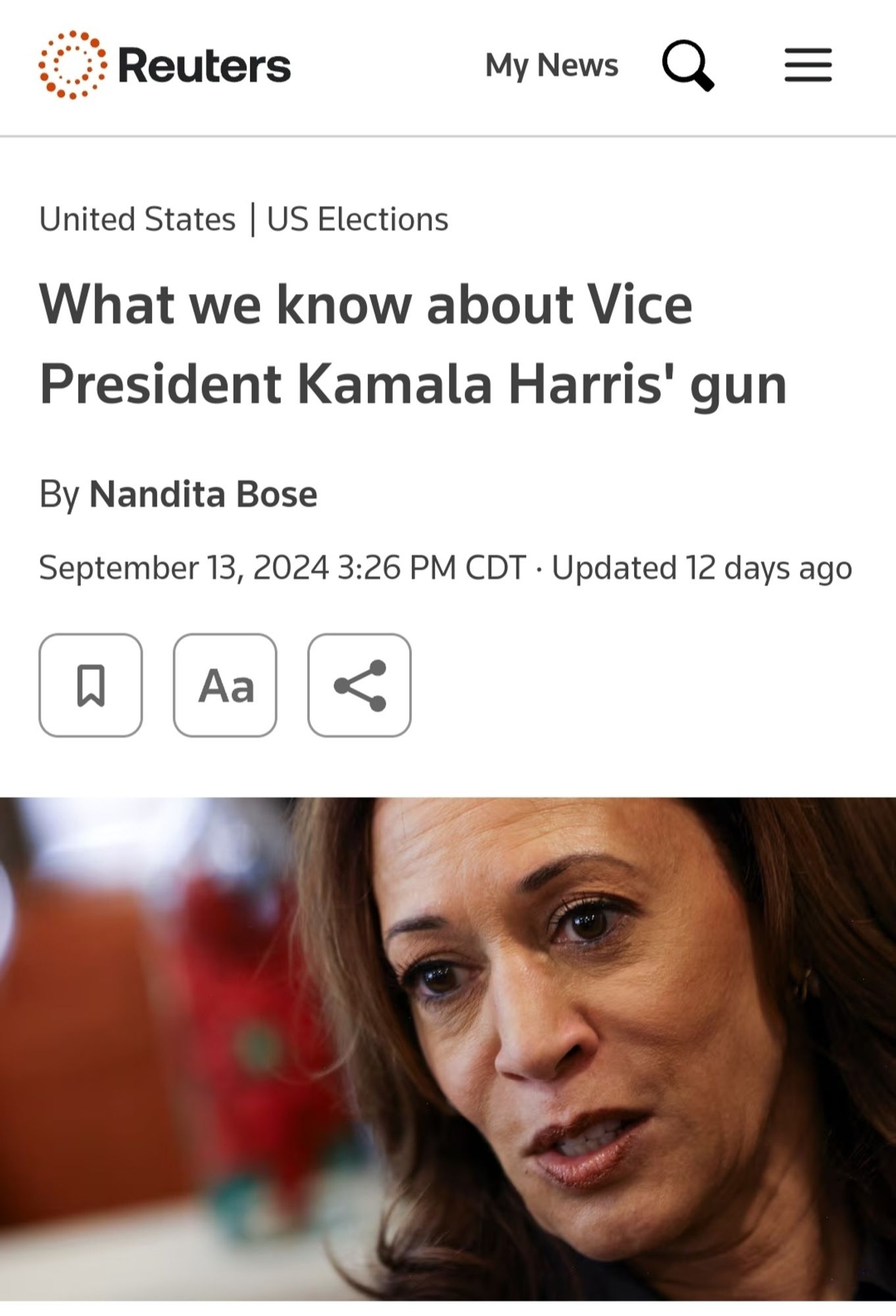 Associated Press article with the headline: "What we know about the Vice President Kamala Harris' gun," with a picture of the VP.