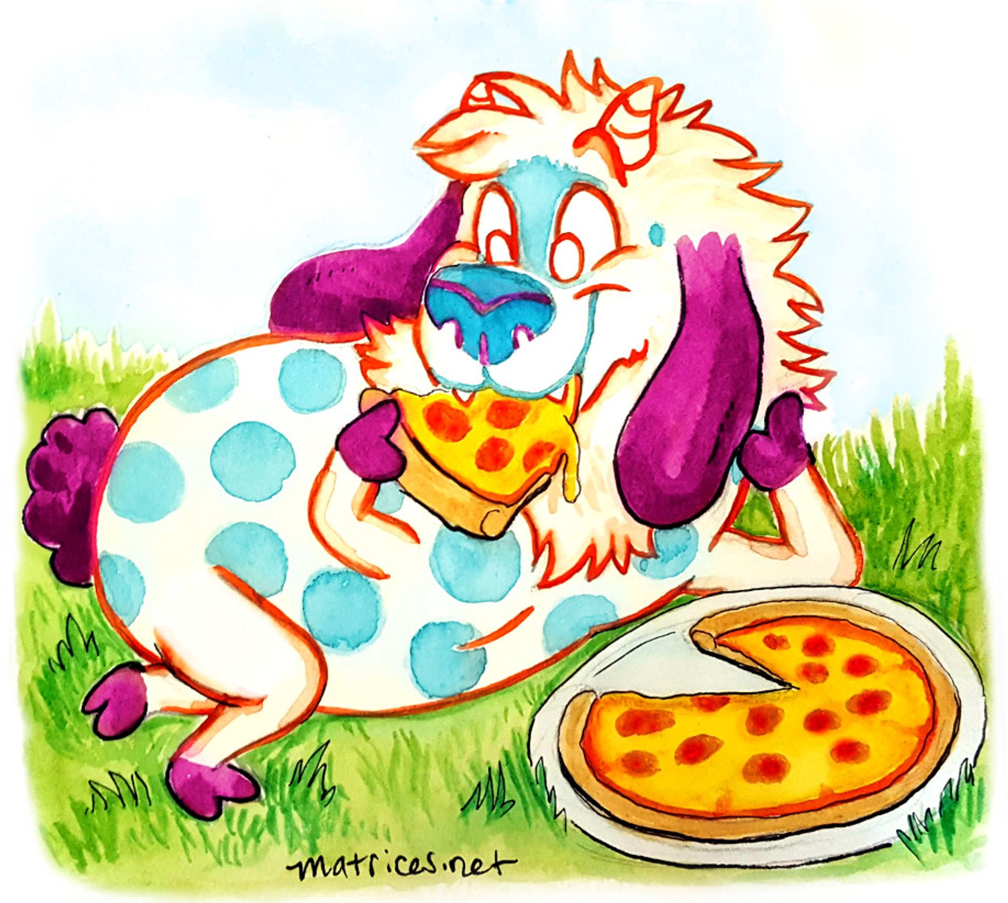 A very cute blue polka-dotted toon with droopy purple ears, purple hooves and a puffball tail is enjoying some toon pizza. Drawn in watercolors.