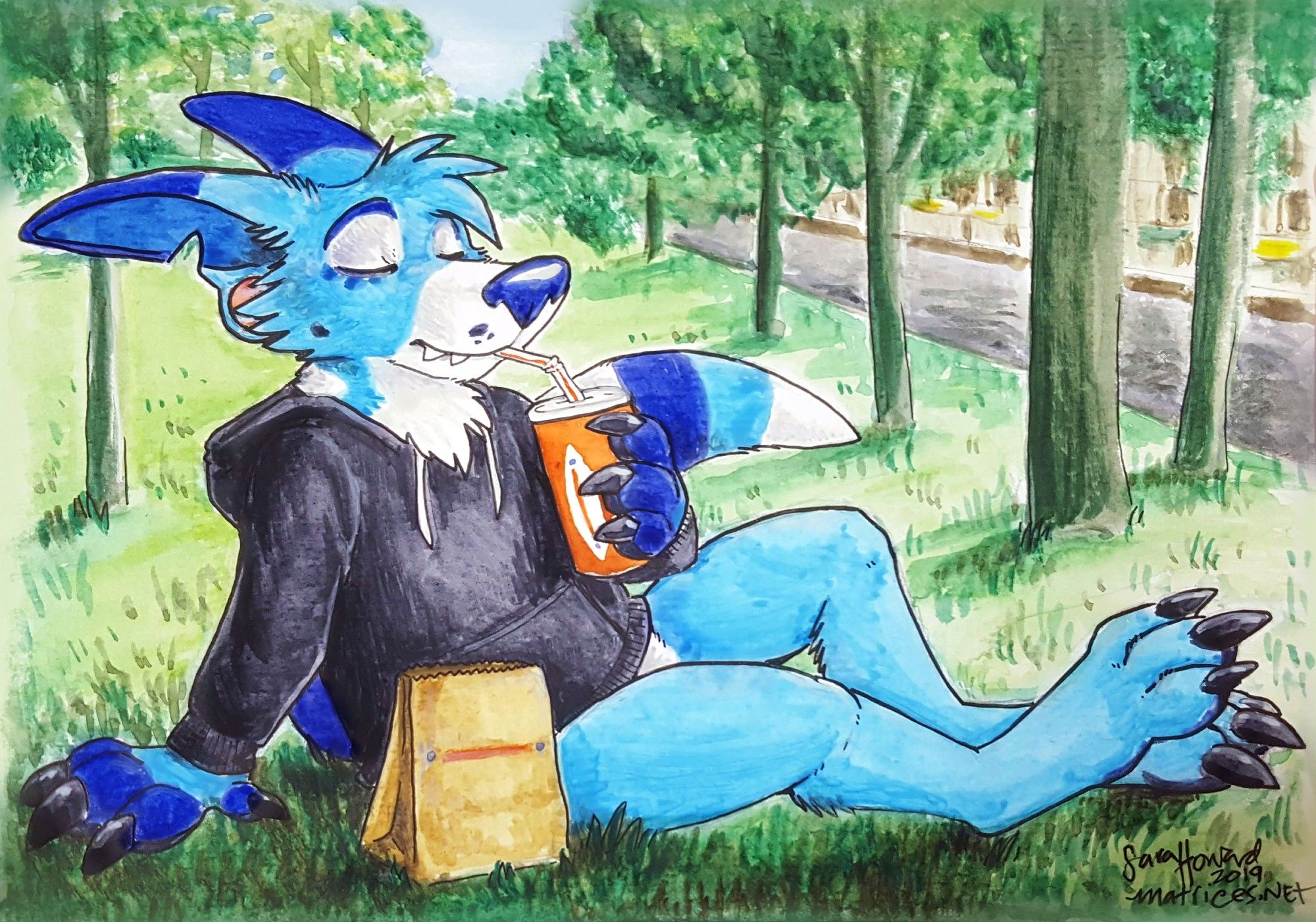 Gator who is blue and dark blue critter with long-ears, a long striped tail, and white facial markings is wearing a cozy hoodie and enjoying some fast food in the park. Done in watercolors.