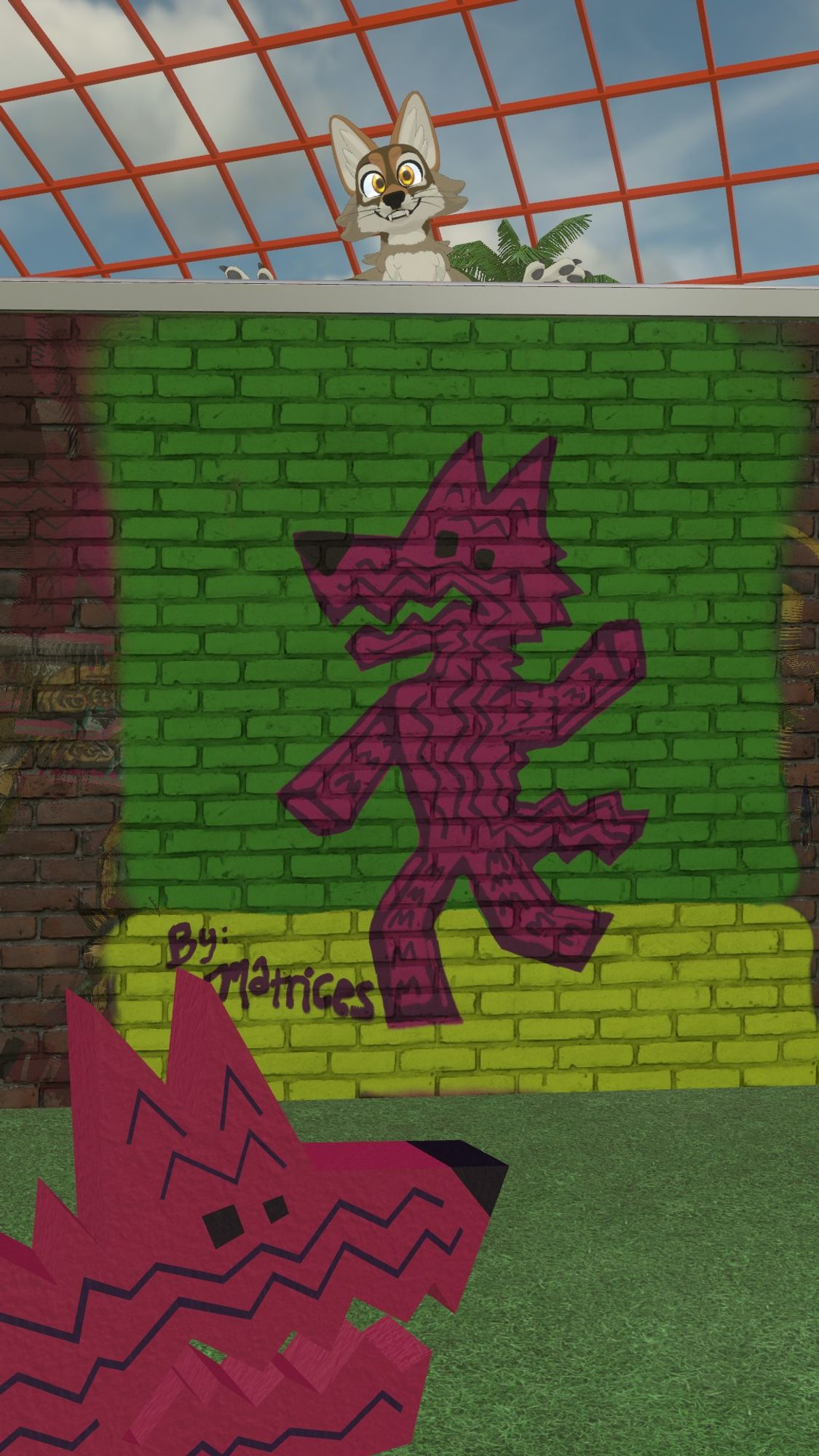 A view of my coyote character peeking above the painted wall, smiling over a spraypainted anthropomorphic representation of the Styro doggie from the 3D computer animated short, who also makes an appearance in the vrchat world (foreground).