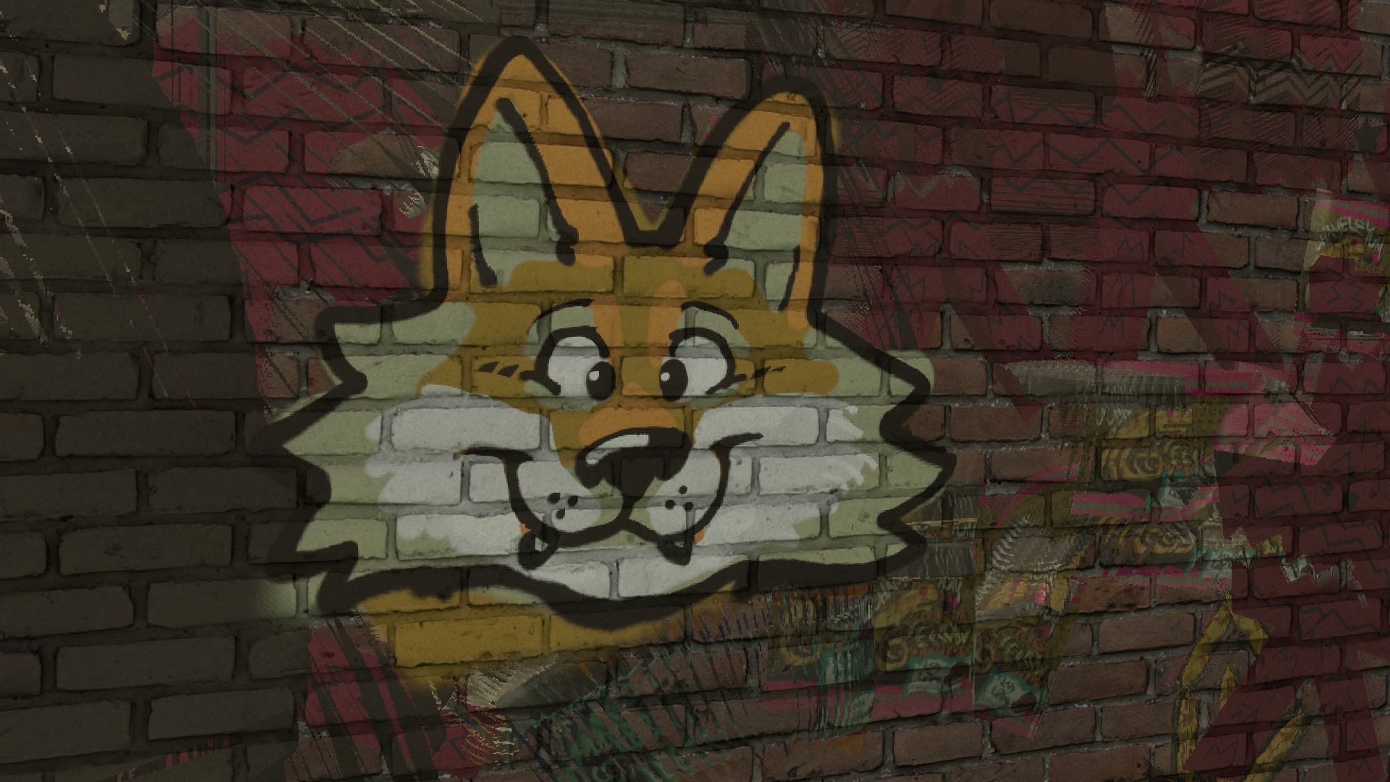 A floofy coyote with wide cheekfluffs drawn on top of various stamped impressions of the ingame world items. The coyote is smiling with pointed ears and two big silly fangs sticking out of the mouth.