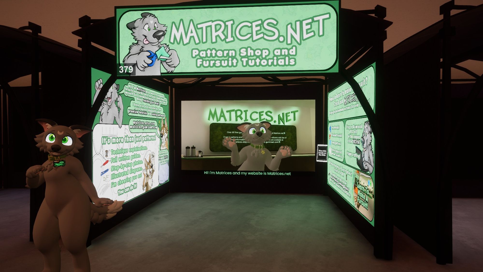 Matrices stands at a booth in a virtual dealer's den. the bright screens light up a dimly lit space with reflected green, it is welcoming and informative. A grey doggy stands off to the left smiling and waiting there for you to come by and chat! #furry #vrchat #furality #vrworld #vrcworld