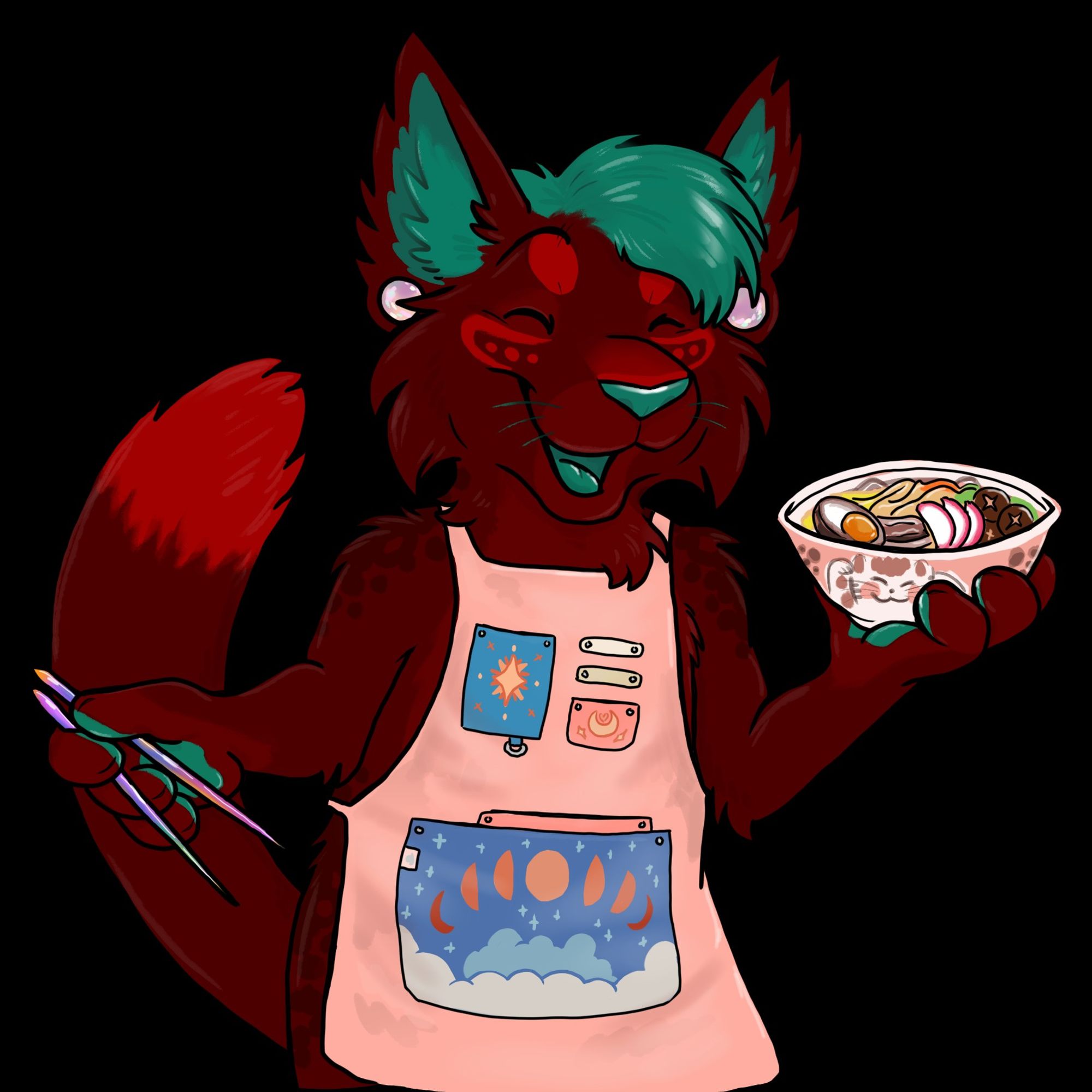 Digital art of Mar a feline with darker red pelt, leopardlike spots and teal accents with big tall pointed fluffy ears and a very cute bowl of ramen full of toppings. They are wearing a cute apron with chopsticks at the ready as well.