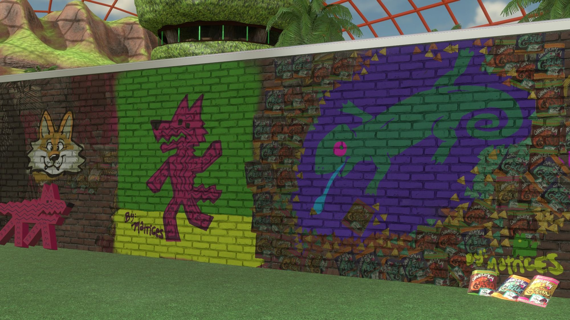 All three of the illustrations I did, with the in-world props that inspired them. The surroundings are a brick wall with paint on it, an astroturf-like lawn, and some cute fiberglass themepark styled mountains and treehouse. #vrchat #world #vrworld #vrc #furry #furryart