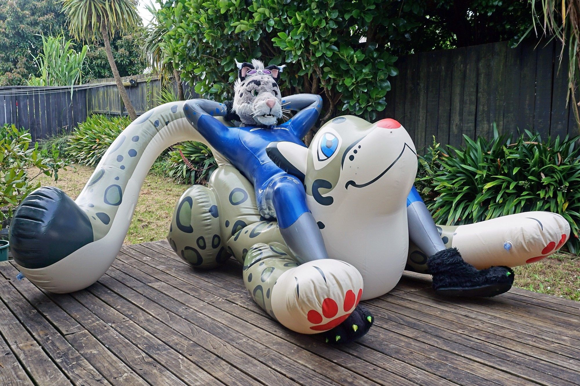 Kamadan wearing a nicely shined up blue Orca wetsuit, lounging on a big puffy inflatable Snow Leopard pool toy out on the deck