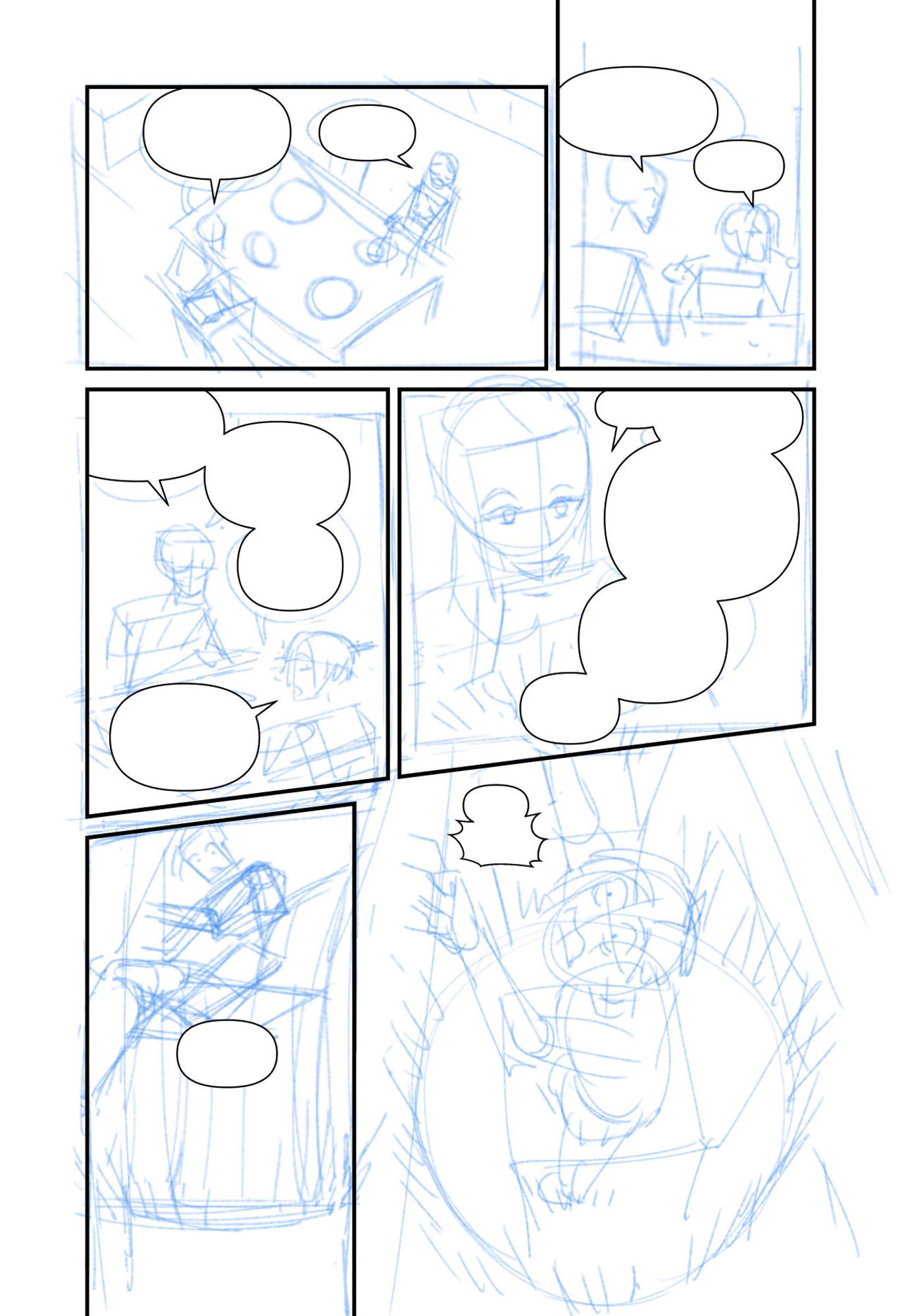 A comic page with panel and speech bubble boxes on top of a blue thumbnail.