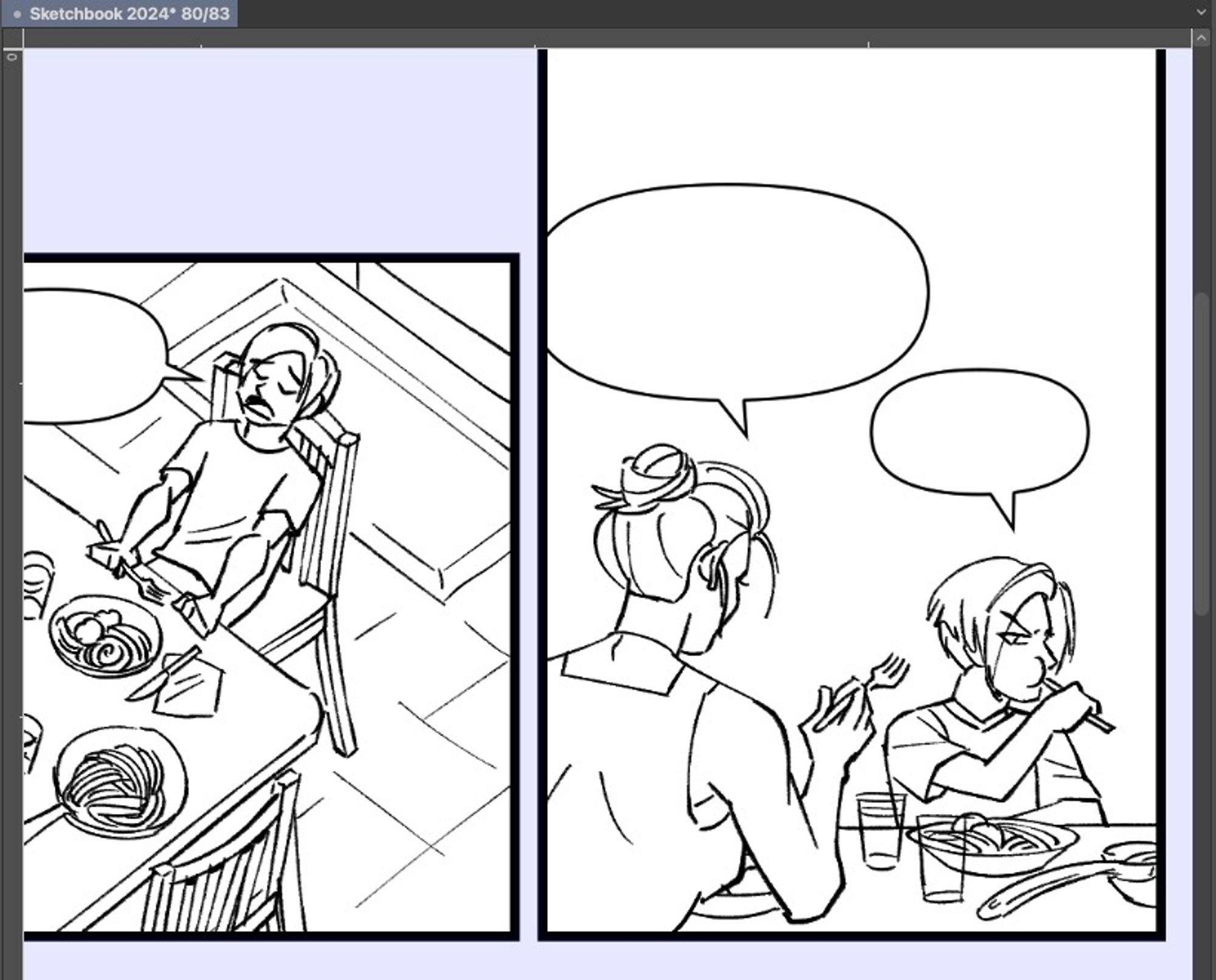 sceenshot of inked comic panels with a mom and boy eating and he's being pouty