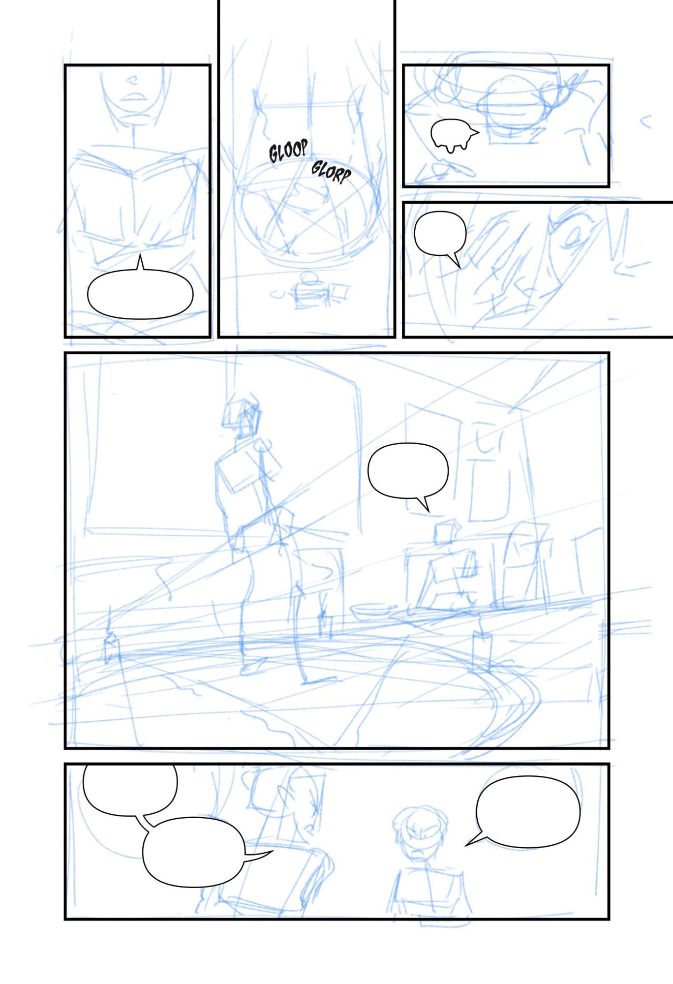 A comic page with panel and speech bubble boxes on top of a blue thumbnail.