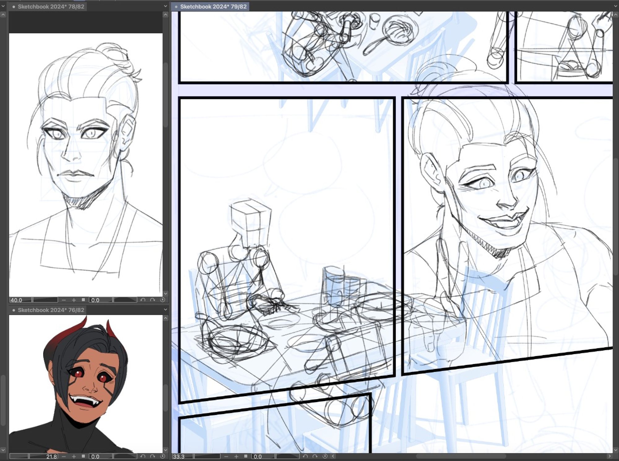 A comp sketch of 2 portraits and a WIP comic.