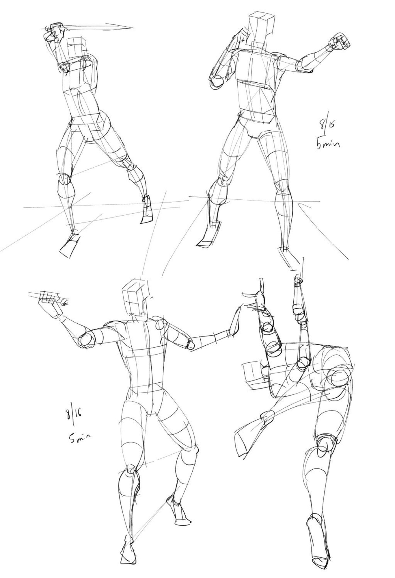 4 male figure drawings in dynamic poses constructed mainly of blocks and cylinders.