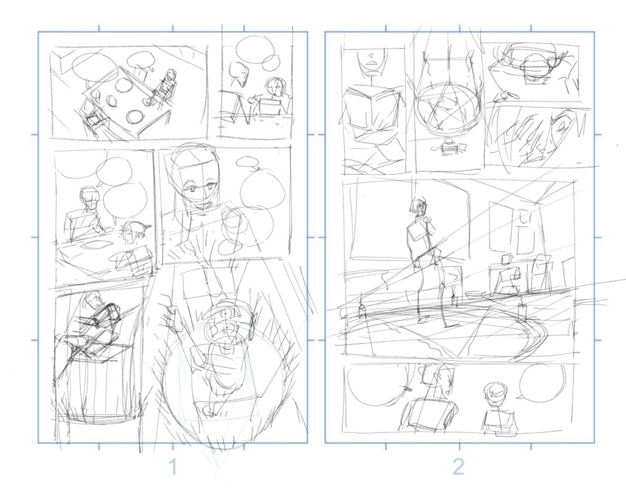 2 comic page thumbnails. First is of a mom and child eating dinner, second is the child being summoned.