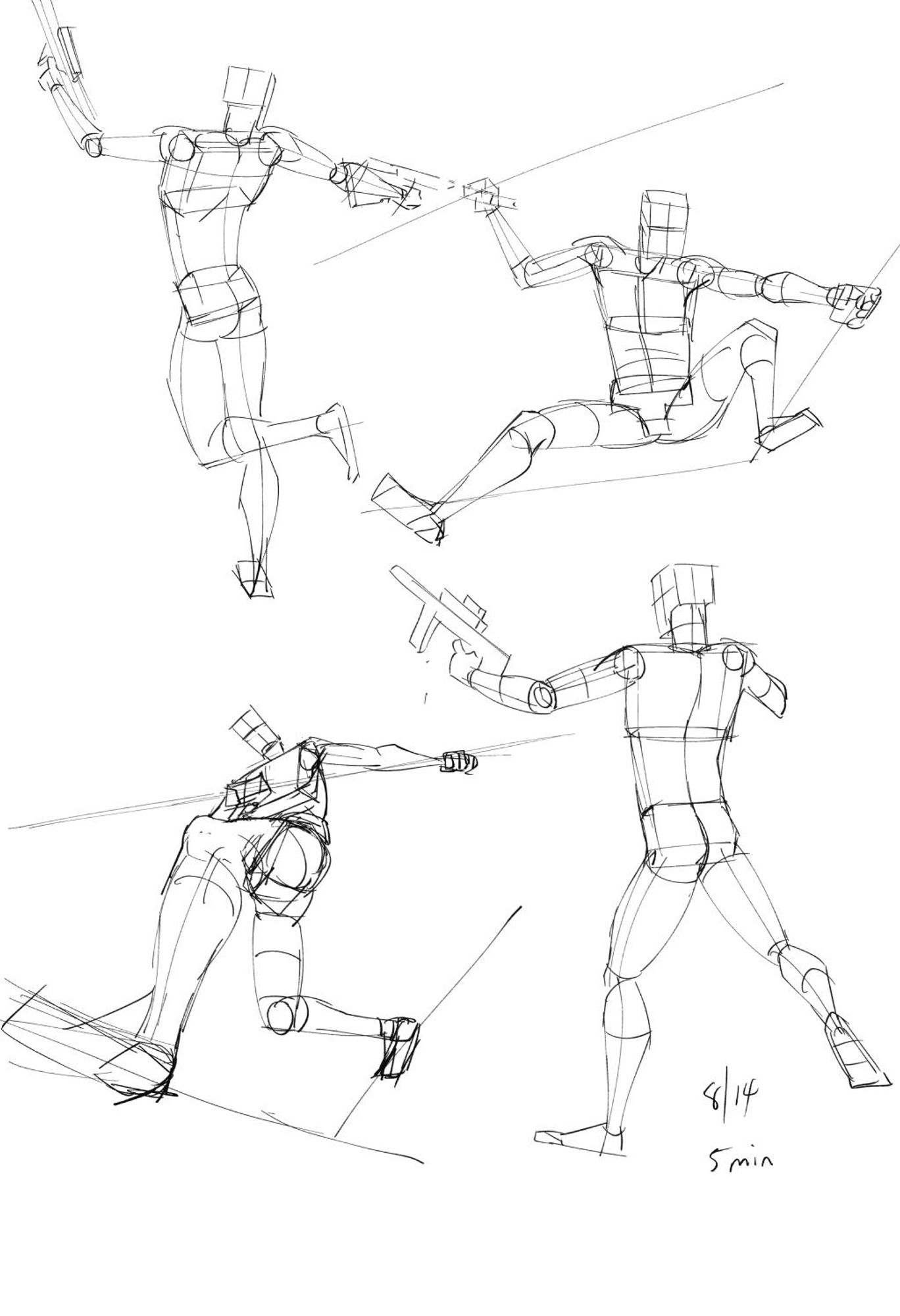 4 male figure drawings in dynamic poses constructed mainly of blocks and cylinders.