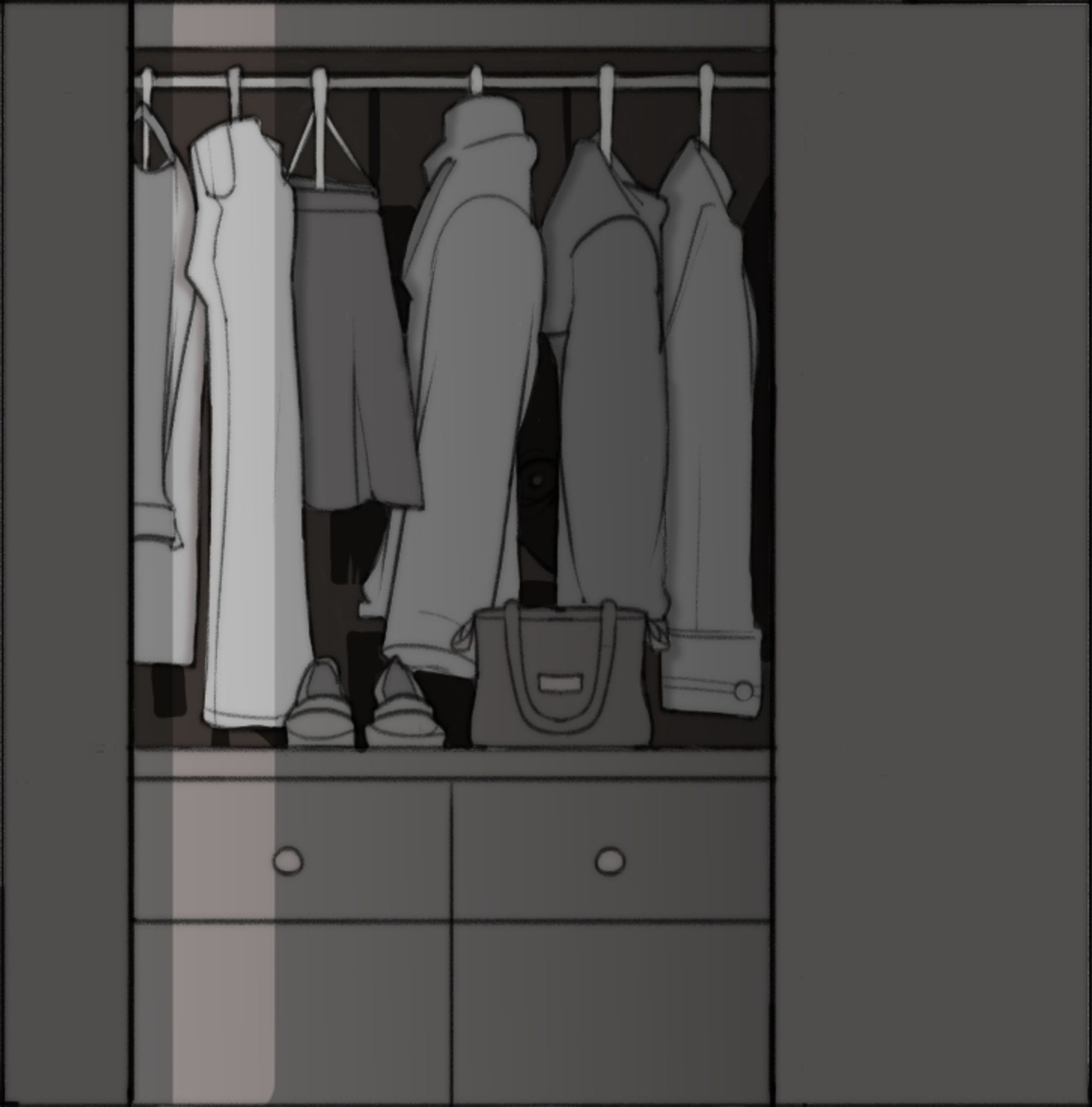 ALT TEXT: grayscale drawing of a sliding door closet, which stands open with a few items that can be seen on the clothing hangars such as jeans, jackets, hoodies, skirts and t-shirts. a bag and a pair of shoes is also seen sitting above the drawers inside the closet. deep inside the closet, someone is watching you.