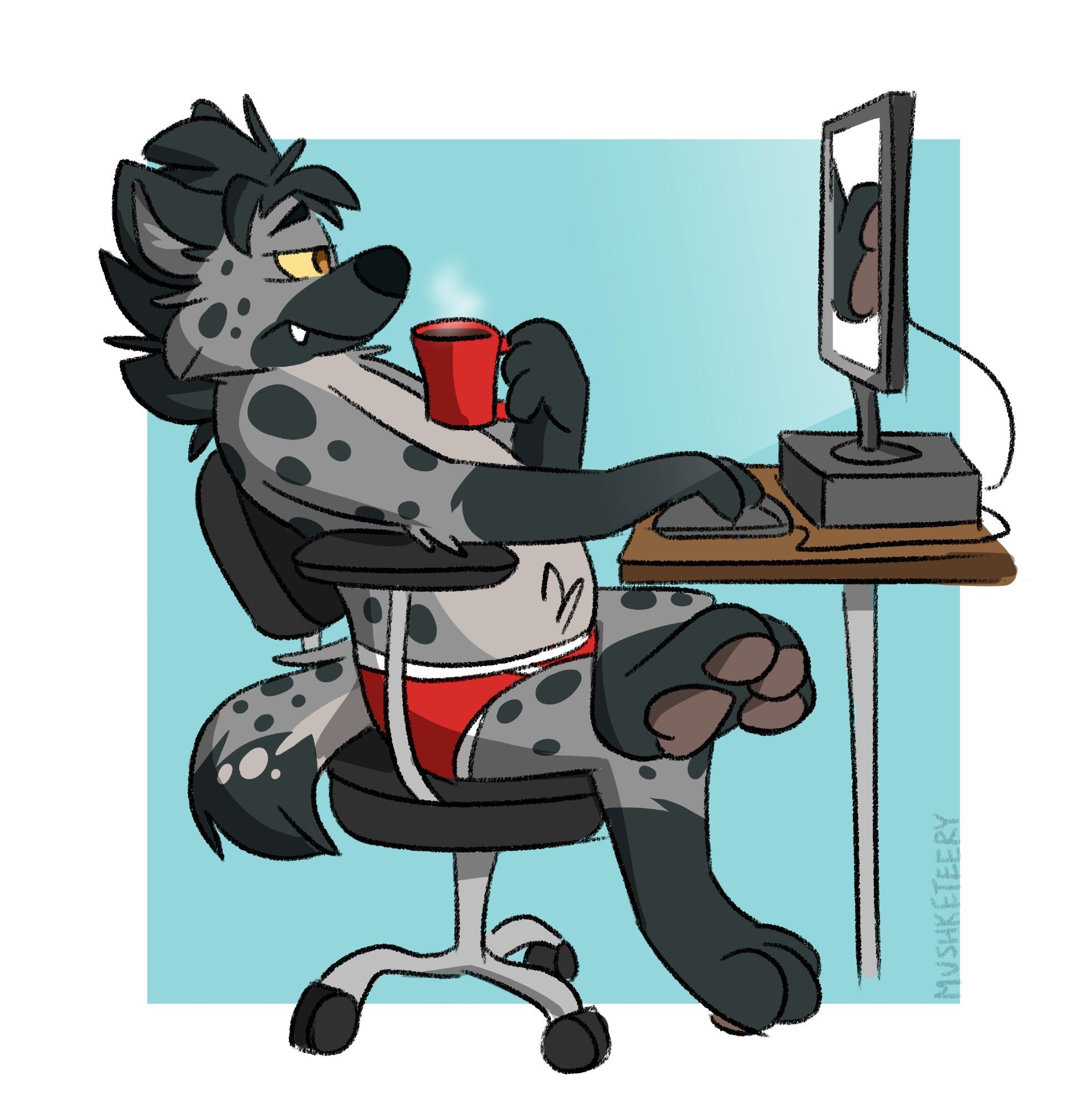 Hyena slouching in an office chair, clicking idly.  One leg crossed, his screen appears to be a picture of a big paw.