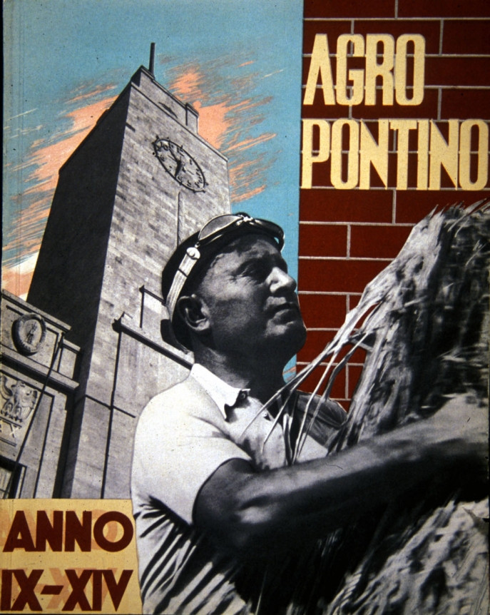 A propagandistic poster depicting fascist dictator Benito Mussolini working to harvest grains in the fields of the Agro Pontino.