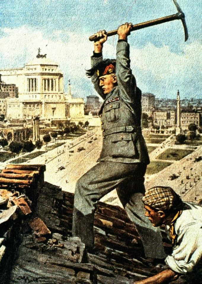 A propagandistic poster depicting Fascist dictator Benito Mussolini working on a construction site, wielding a pickaxe.