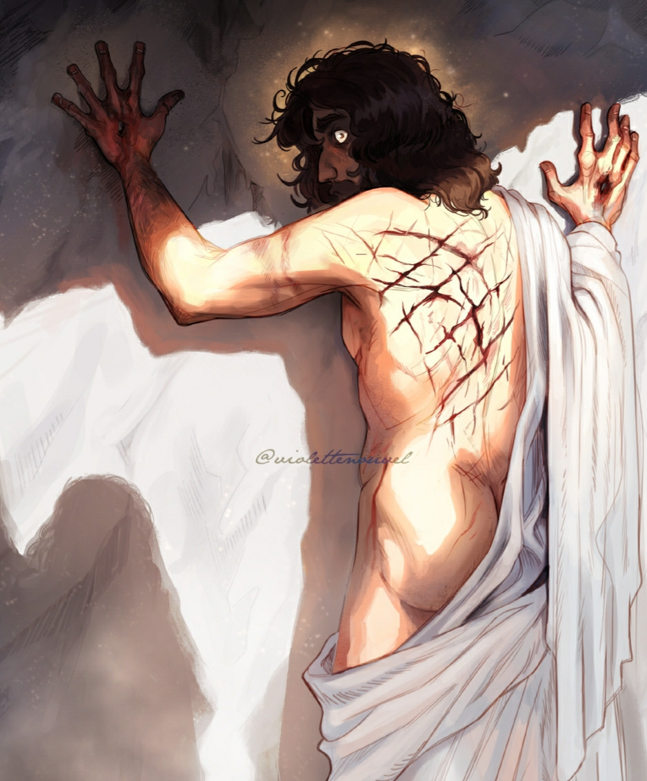 A digital painting depicting an interpretation  of the Resurrection from the Bible. Jesus Christ is clinging to the walls of the tomb, staring at us from over his shoulder. He looks deeply shaken. He bears the stigmata and his back shows fresh wounds from the flogging.