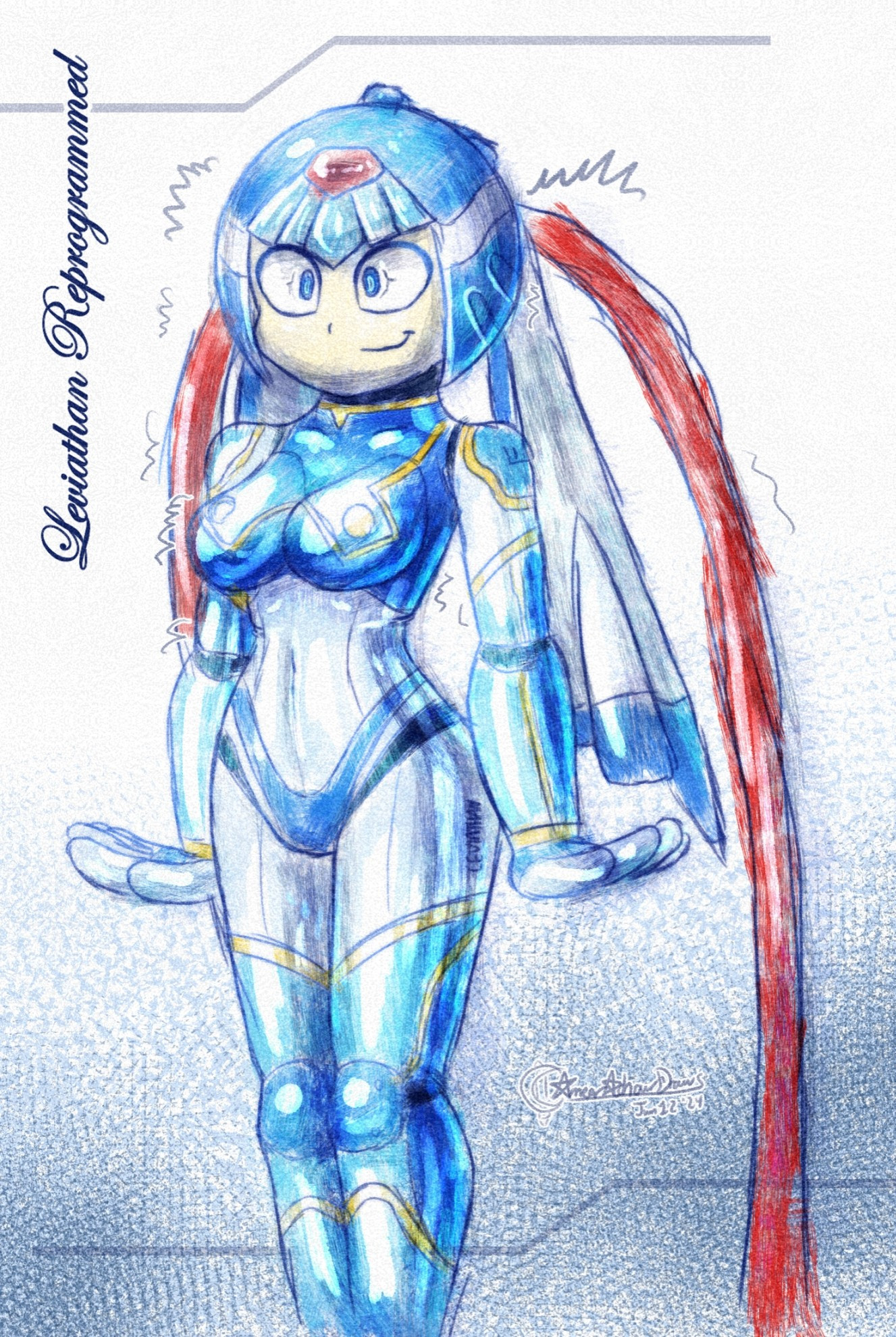 Fairy Leviathan from Mega Man Zero in a latex bodysuit resembling her normal outfit getting hacked and reprogrammed