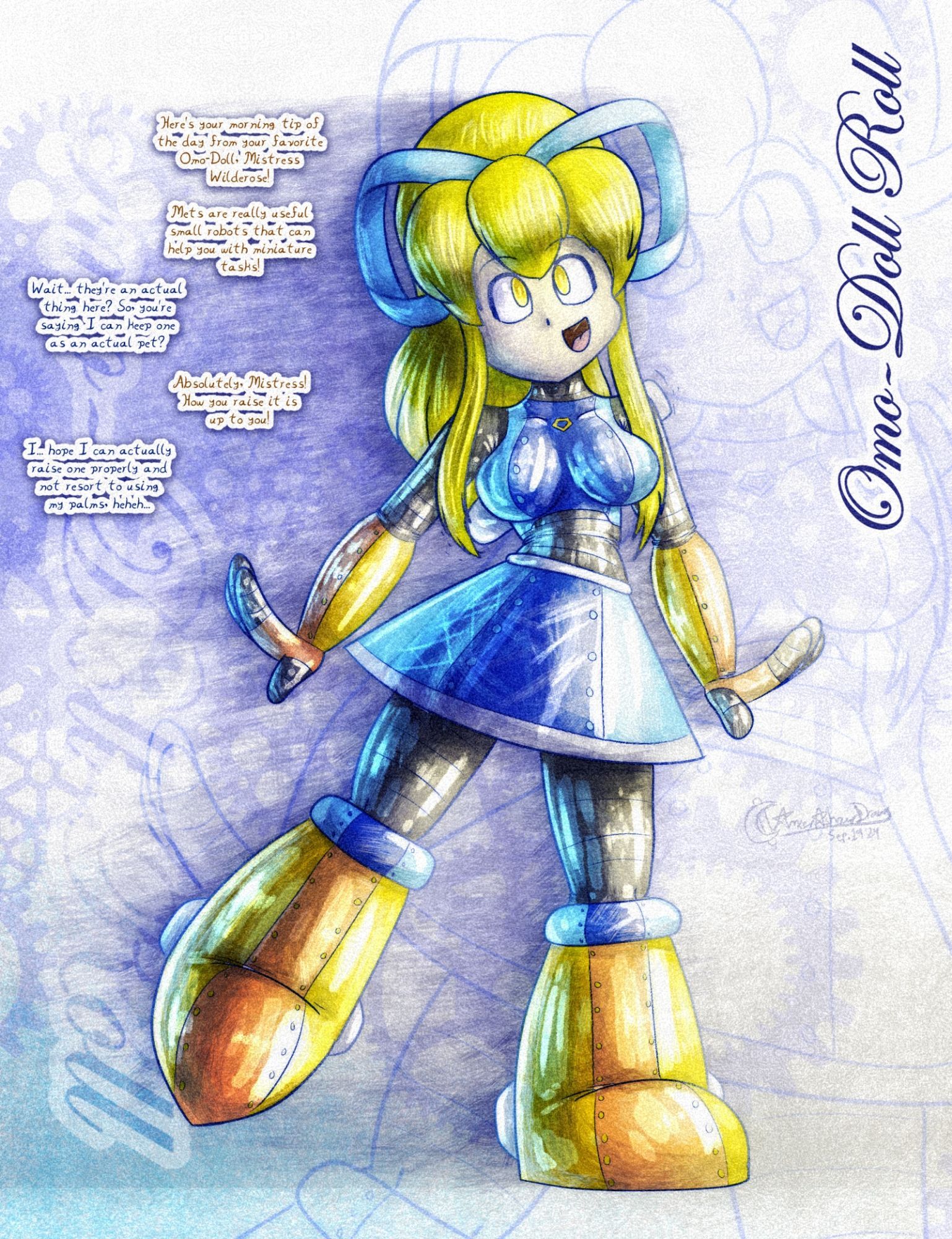 Roll from Classic Mega Man reprogrammed into a fembot based on Omo-Chao from Sonic the Hedgehog, and is currently giving her mistress, Holly Wilderose, a useful tip in the morning.