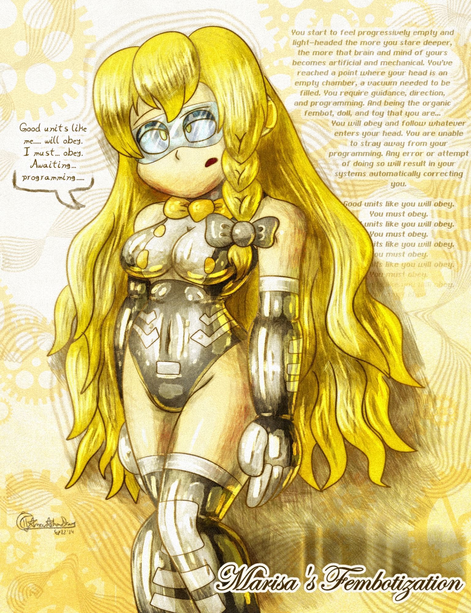 Marisa Kirisame from Touhou Project getting hypnotized into a robot/fembot

She is my favorite Touhou character :)