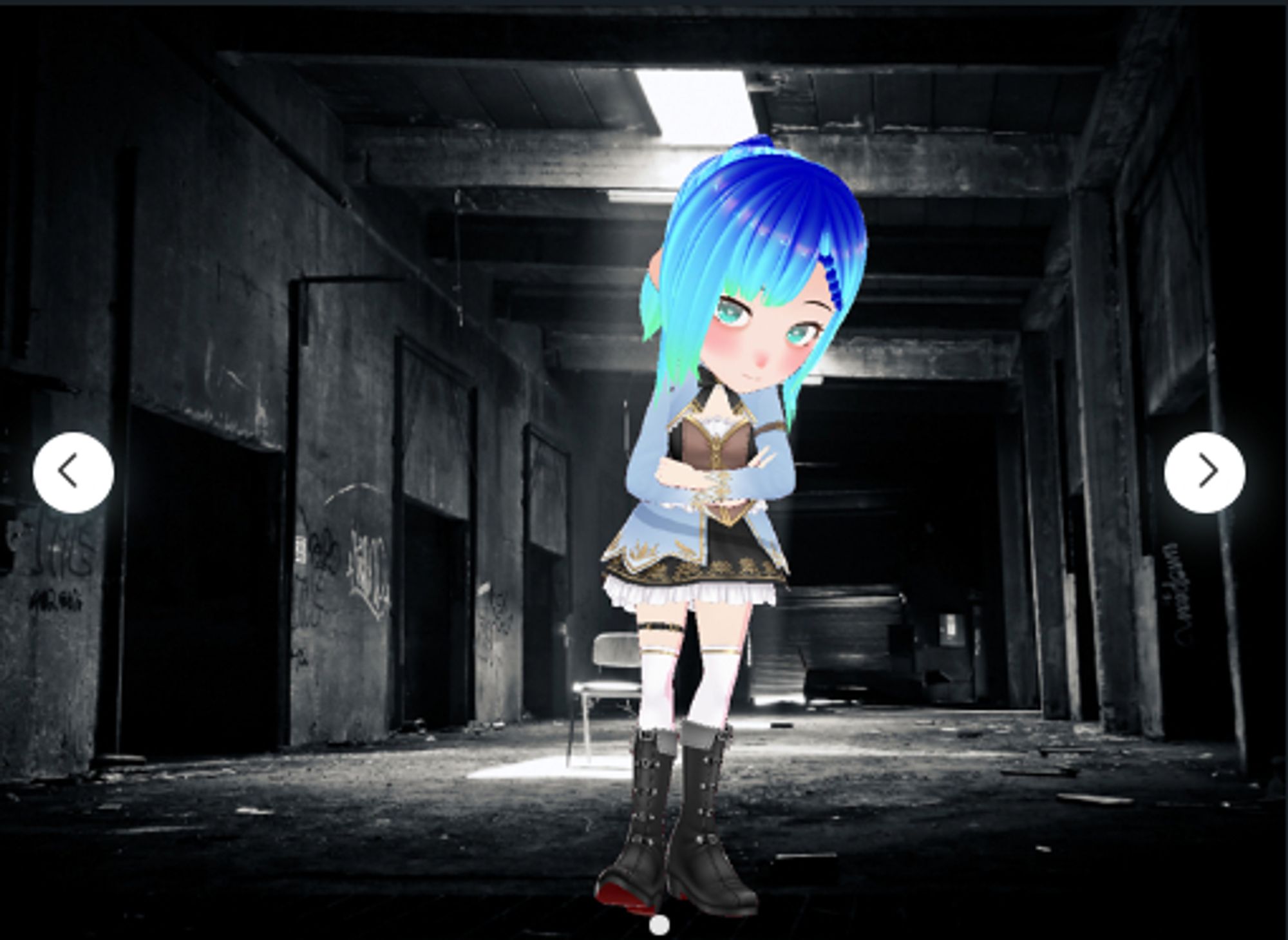 A anime style character standing in a grey abandoned warehouse type space with light coming from skylights above. The character has dark blue hair that fades to teal as it extends down towards their shoulders.  Large round teal eyes stand out from their pale face. A blue-grey long sleeved top is over a brown and black tight vest with gold trim and a white shirt underneath. The short skirt stands out in a small hoop, with a blue-grey layer over a black base, both with gold designs across the hem. Knee high white tights rise up out of tall black boots.

Their arms are crossed over their stomach, upper body leaning forward, head down and eyes looking up, weight on the back left foot with the right foot raised slightly, showing the red sole of the boot.