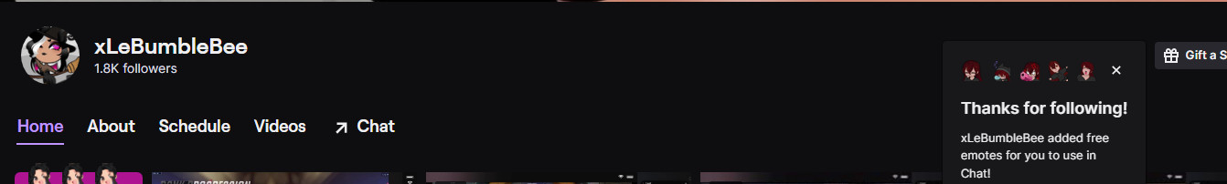 Screenshot of xLeBumbleBee Twitch page with the follow switched on and the "Thanks for following!" message.