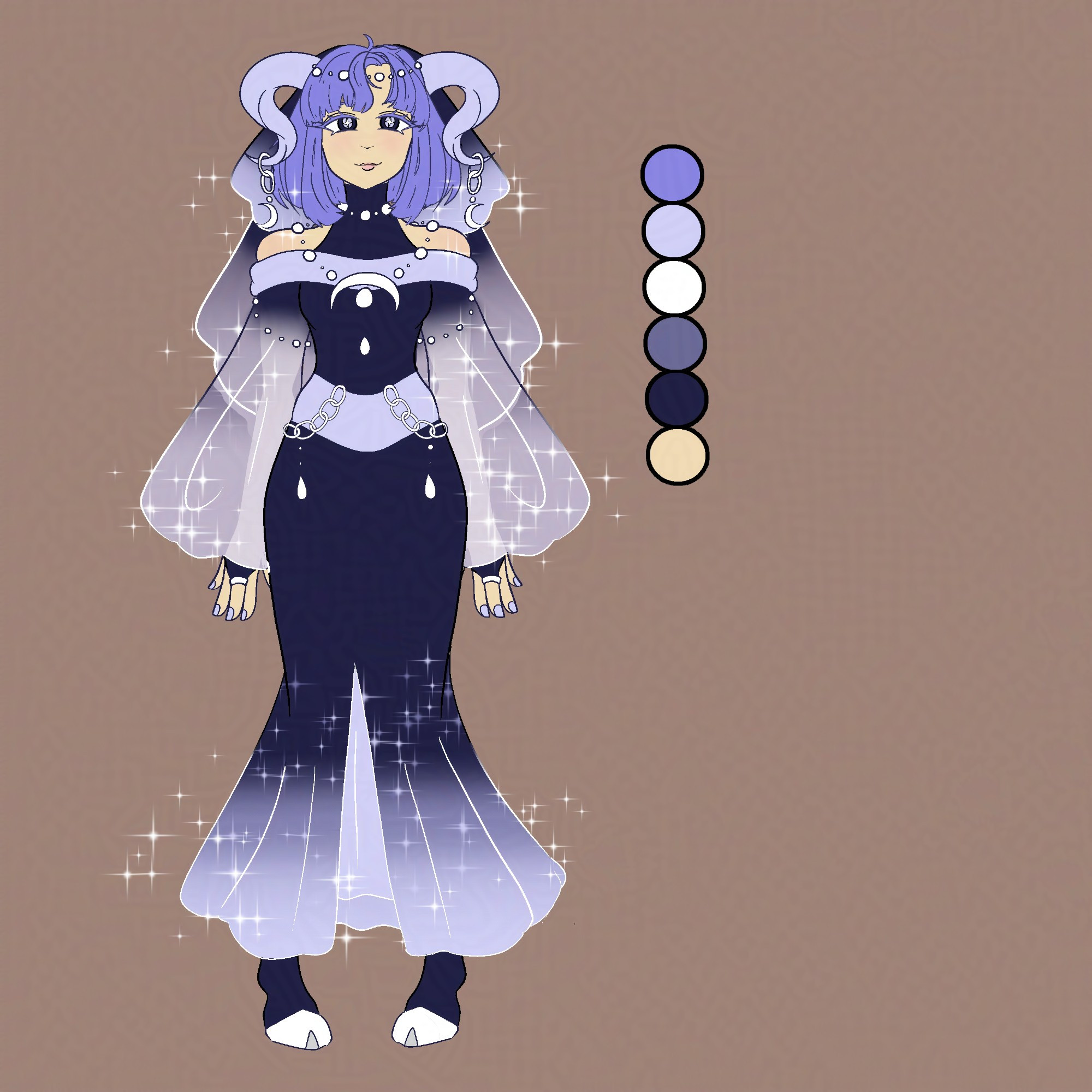 The image depicts an illustrated character standing against a brown background. The character has medium-length purple hair adorned with moon-shaped accessories and possesses large, curled horns. They are dressed in an elegant gown that blends dark blue and soft lavender at the hem, adding a sparkling effect. The dress features a high collar, puffy transparent sleeves that attach with chains, and intricate moon and teardrop motifs. The character's shoes and fingers are detailed with matching colors.

To the right of the character, there is a vertical palette displaying five colors used in the illustration: light lavender, periwinkle blue, white, deep indigo, and a soft beige.