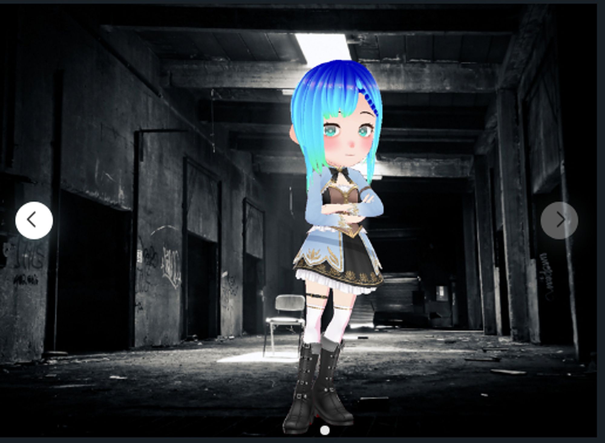 A anime style character standing in a grey abandoned warehouse type space with light coming from skylights above. The character has dark blue hair that fades to teal as it extends down towards their shoulders.  Large round teal eyes stand out from their pale face. A blue-grey long sleeved top is over a brown and black tight vest with gold trim and a white shirt underneath. The short skirt stands out in a small hoop, with a blue-grey layer over a black base, both with gold designs across the hem. Knee high white tights rise up out of tall black boots.

Their arms are crossed over their stomach, leaning back slightly onto their left foot, head turned slightly to the right to look forward.