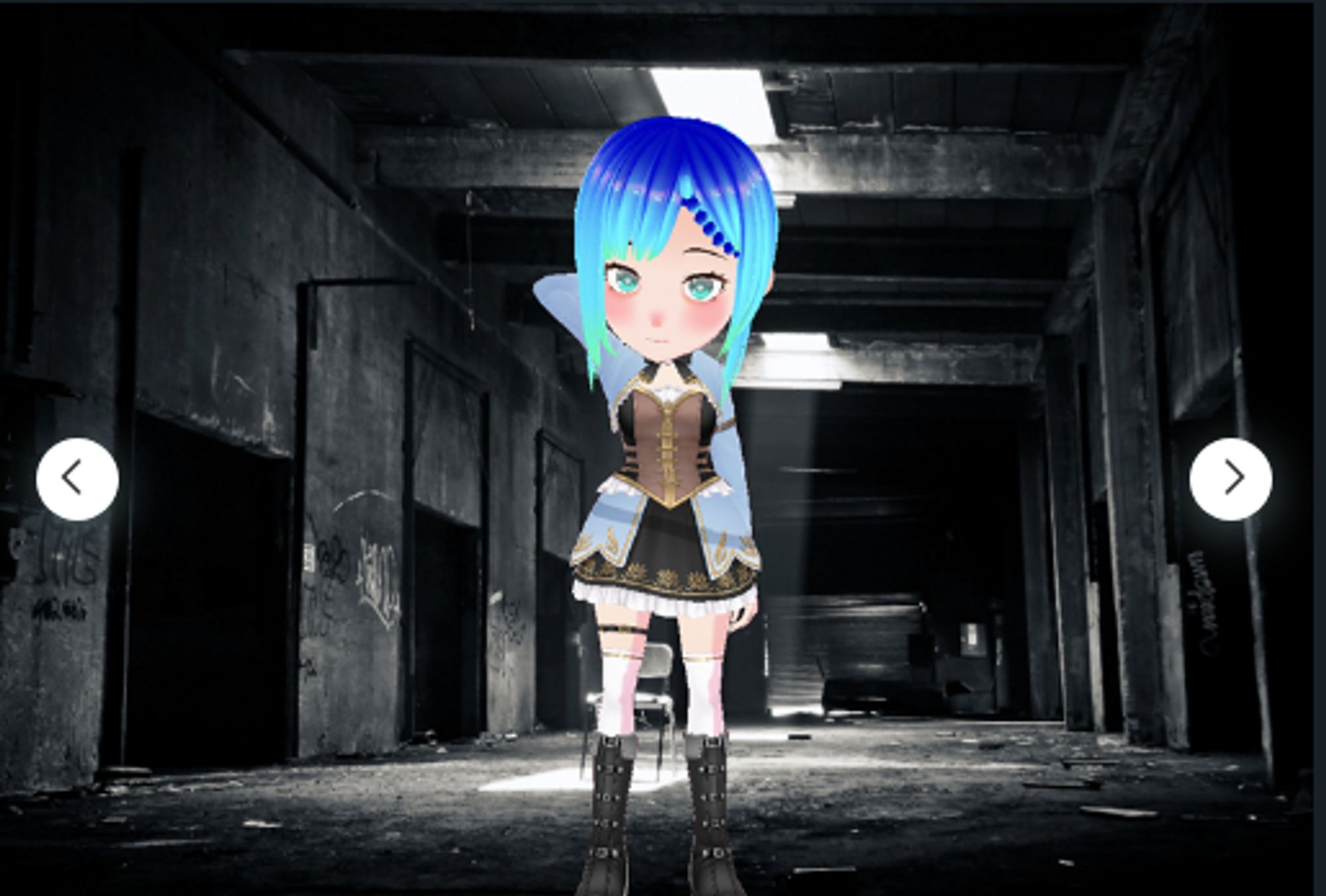 A anime style character standing in a grey abandoned warehouse type space with light coming from skylights above. The character has dark blue hair that fades to teal as it extends down towards their shoulders.  Large round teal eyes stand out from their pale face. A blue-grey long sleeved top is over a brown and black tight vest with gold trim and a white shirt underneath. The short skirt stands out in a small hoop, with a blue-grey layer over a black base, both with gold designs across the hem. Knee high white tights rise up out of tall black boots.

Their left hand is held down behind them and the right is up, holding on to the back of their neck. Their head is tilted forward just slightly, causing their eyes to look upward to stare at the viewer.