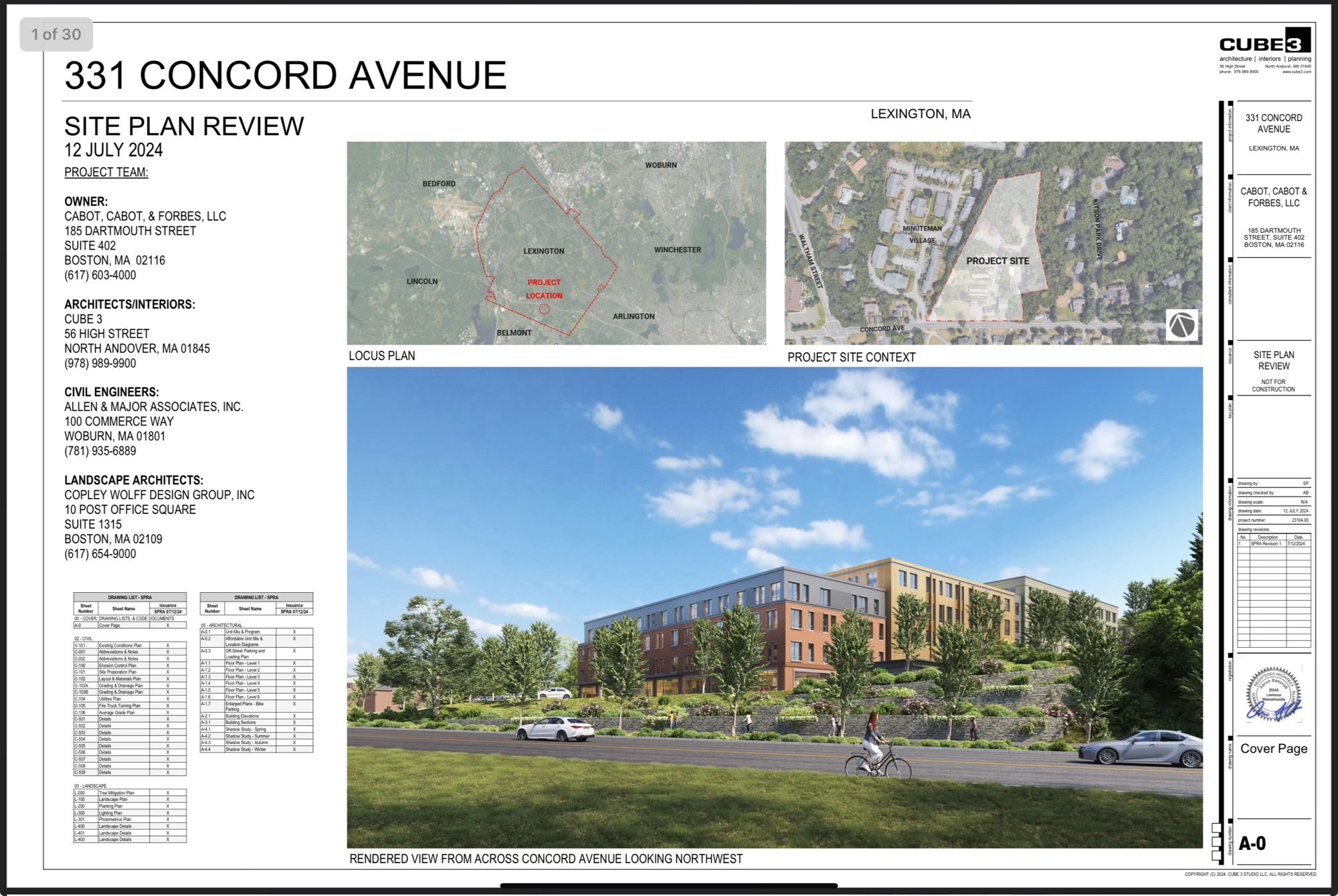 Rendering, overheads and project details for a multi-family housing development at 331 Concord Ave in Lexington MA