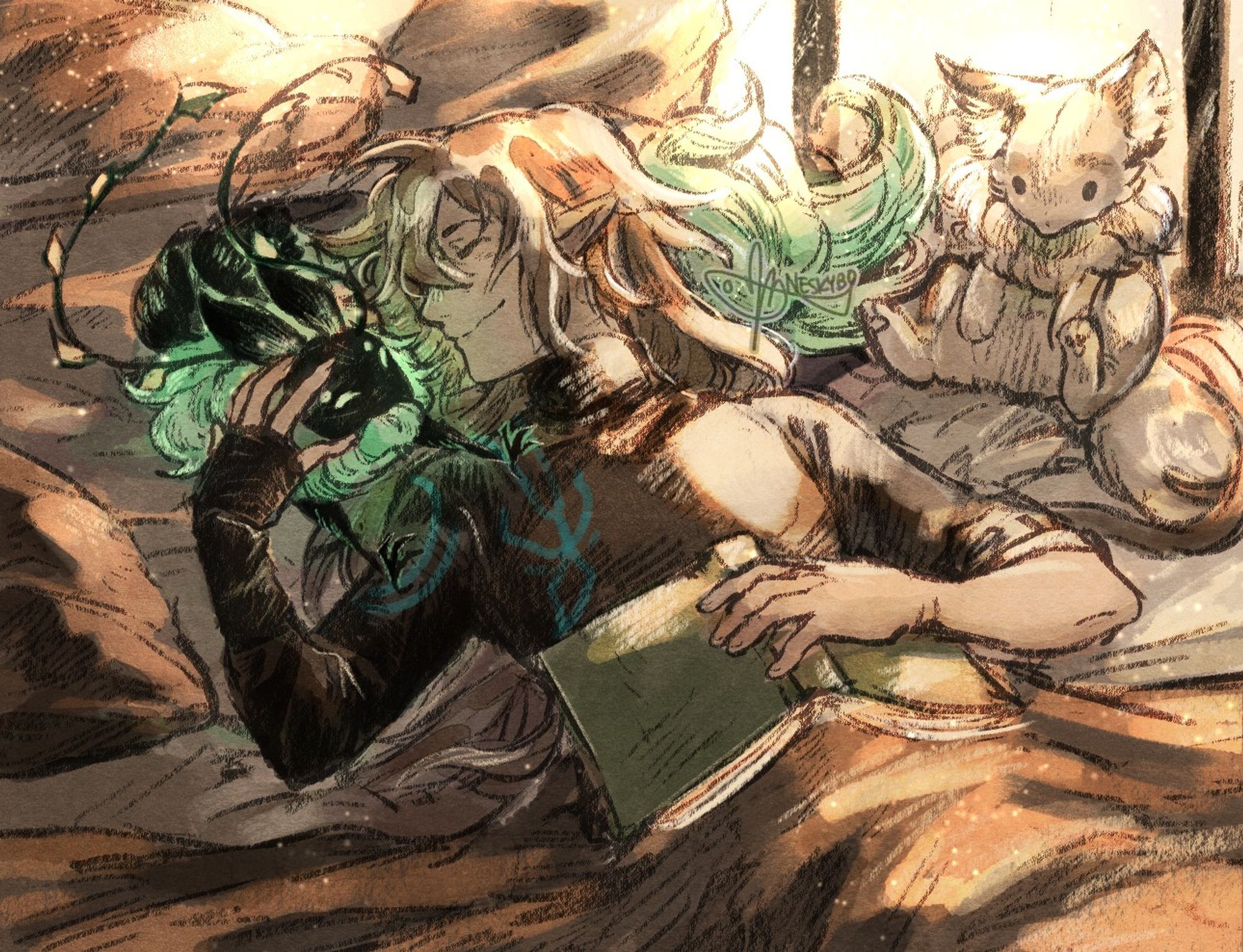 Nevenn lies comfortably in a sunsoaked room with a doll, a book lying on his chest, and his cutest gryphon companion cuddling beside him