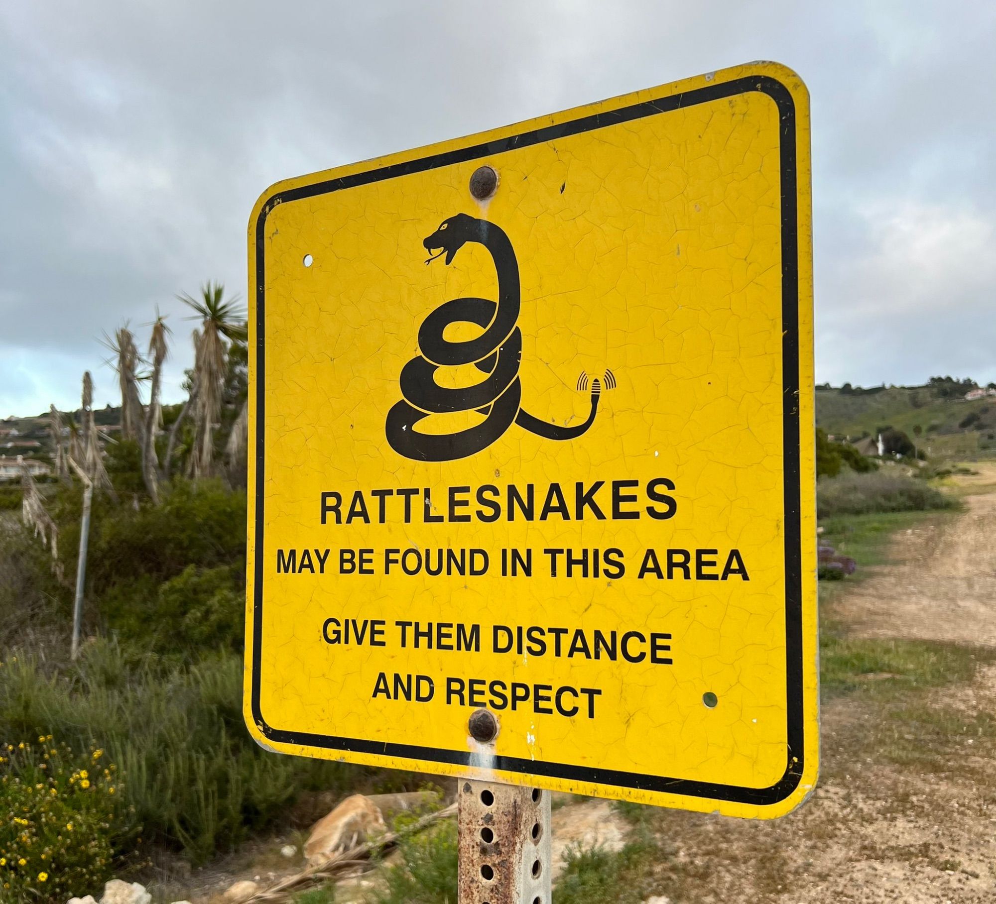 a yellow trail sign that reads "RATTLESNAKES MAY BE FOUND IN THIS AREA.  GIVE THEM DISTANCE AND RESPECT"