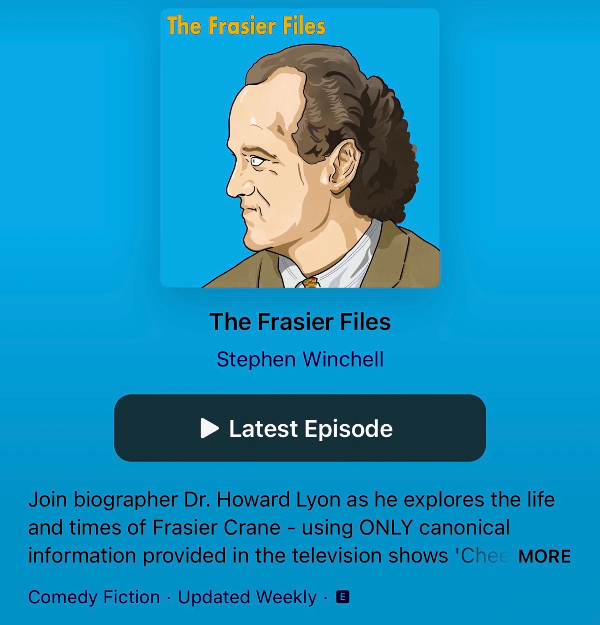 a screencap of the Frasier Files podcast on Apple Podcasts; a profile caricature of Frasier is the cover ALSO HEY  IF YOU ARE READING THIS I SAID SUBSCRIBE DO IT NOW TEAM FRASIER FILES TEAM LARA TEAM STEVE I HAVE SPOKEN