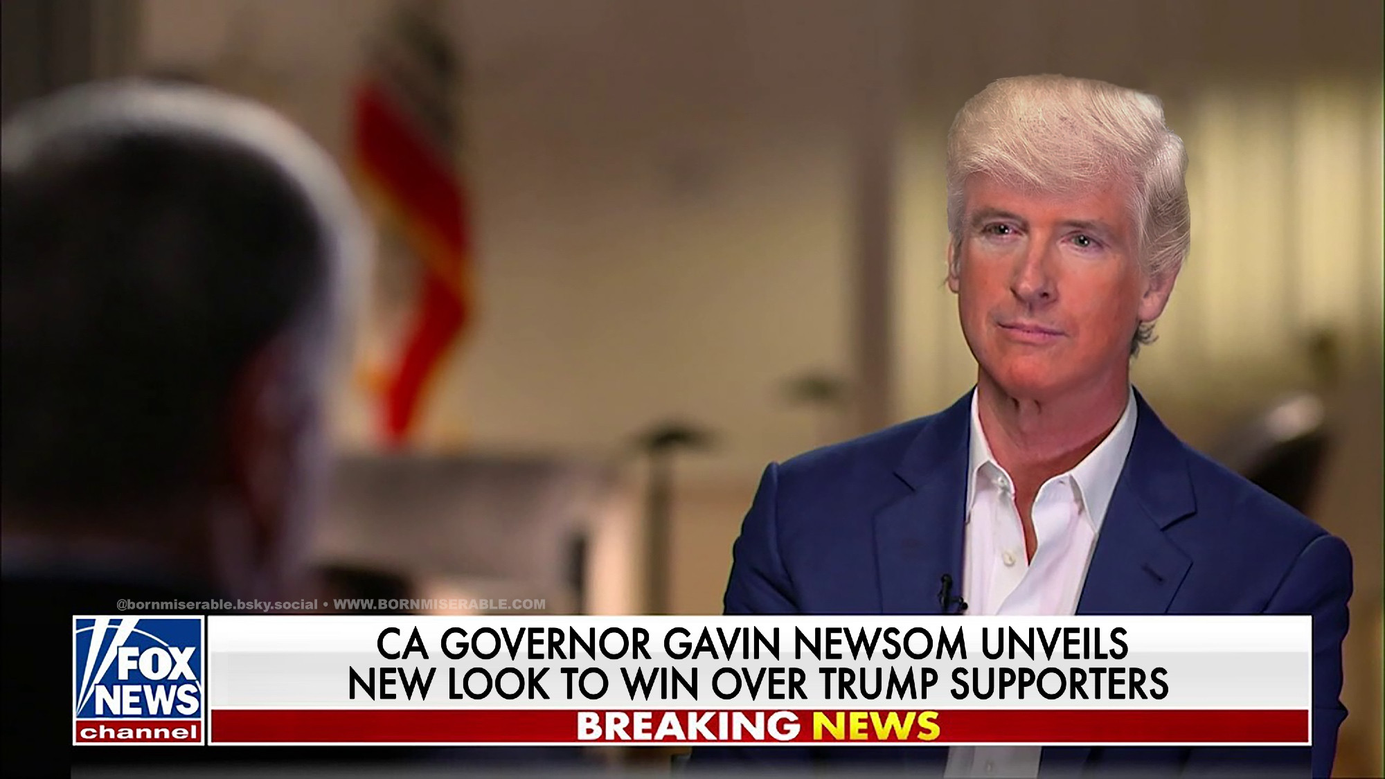 a photo of Gavin Newsom (white man with blue jacket and white collared shirt) but with Donald Trump's hair and hairstyle with orange spray tan on his face.  he is being interviewed on Fox News by someone with their back turned to the camera with a chyron that reads "BREAKING NEWS: CA GOVERNOR GAVIN NEWSOM UNVEILS NEW LOOK TO WIN OVER TRUMP SUPPORTERS"