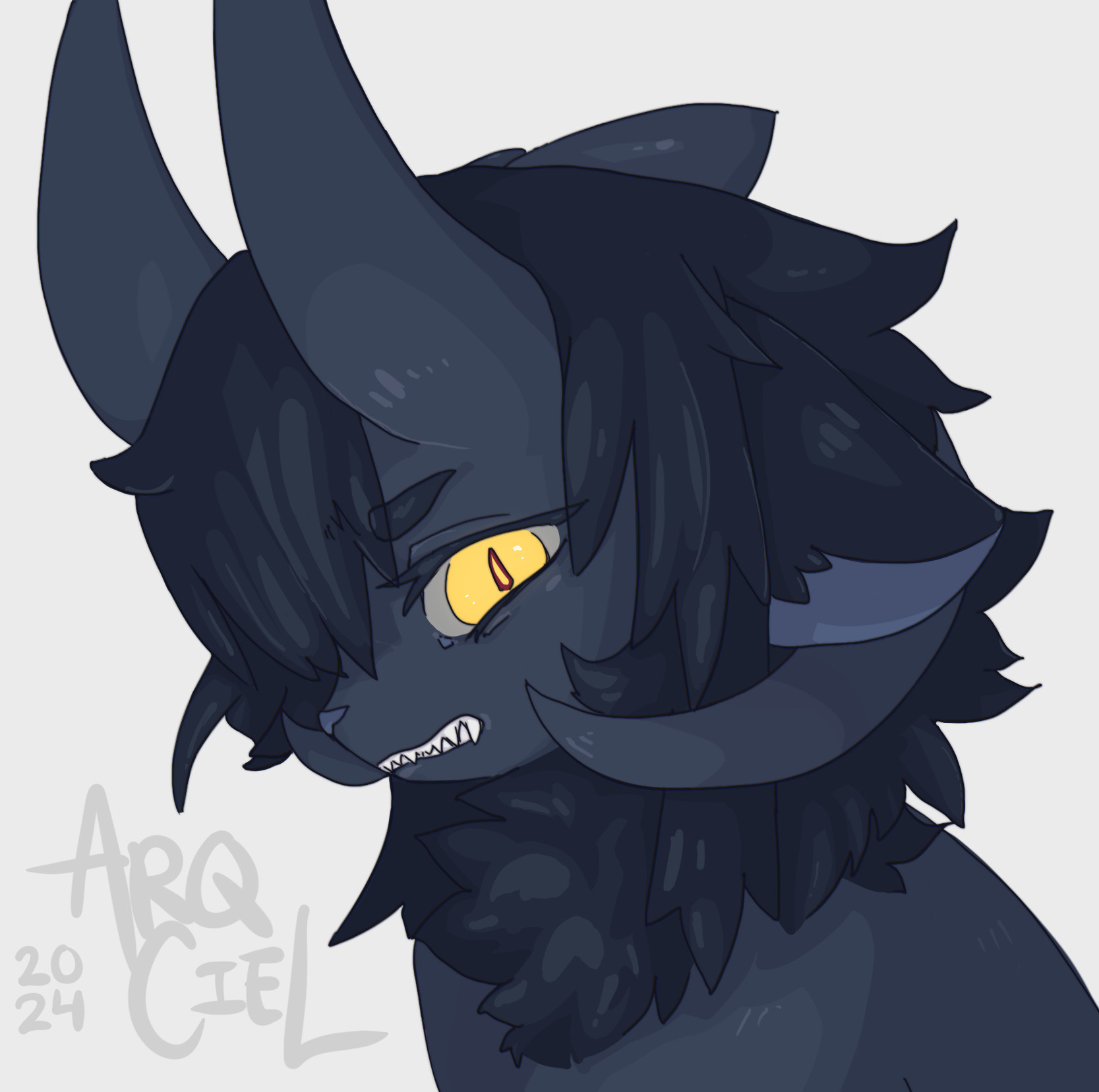 A portrait of an anthropomorphic, ambiguously feline/lupine demon with dark blue-grey fur and voluminous, messy blue-black hair that transitions into a mane. He has long, curved horns jutting from his forehead, ram horns, and small horns near his scalp pointing backwards. He glares at the viewer with a snarling expression, the irises of his eyes pale yellow and the sclera grey.