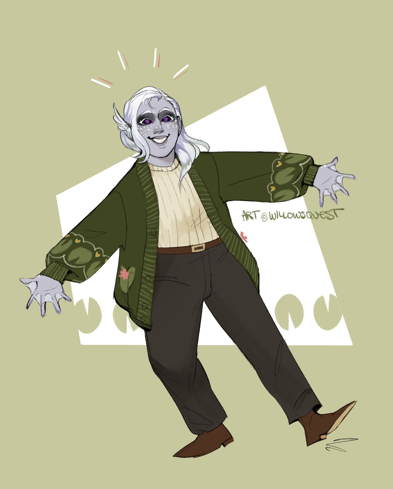 a character posing in a "ta-da!" kind of way. they have cool-grey skin with white freckles and grey "panda" shadows, silvery hair, a feathered right ear, and webbed fingers. they're wearing a dark green cardigan with lily pad motifs edging the sleeves, echoed in the background shapes. text: art @willowsquest (this is the one that might be a surprise, so i've left the commissioners name off with permission. please do not use!)