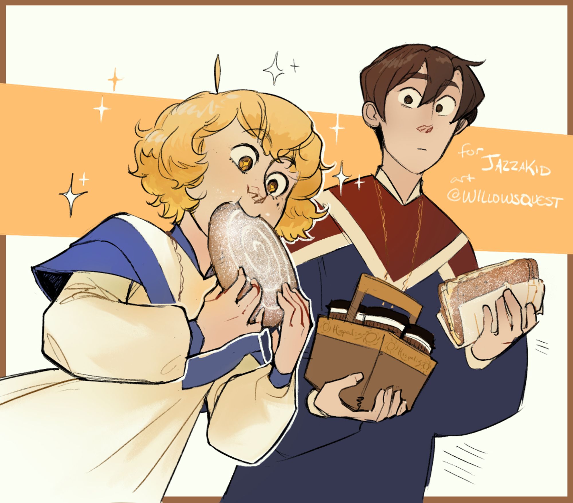 two figures carrying pastries and coffees - a short blonde girl in the foreground noms delightedly on a large round pastry about the side of her head, while the taller boy behind her looks on with an expression of mild concern. text: for JazzaKid, art @willowsquest