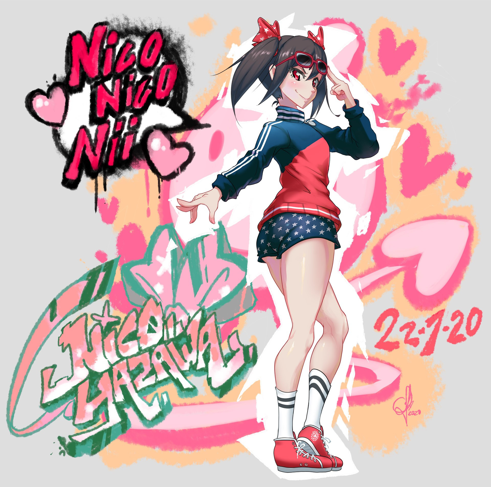 Nico Yazawa in her sports outfit, facing backwards, holding up her sunglasses. Various graffiti tags adorn the background