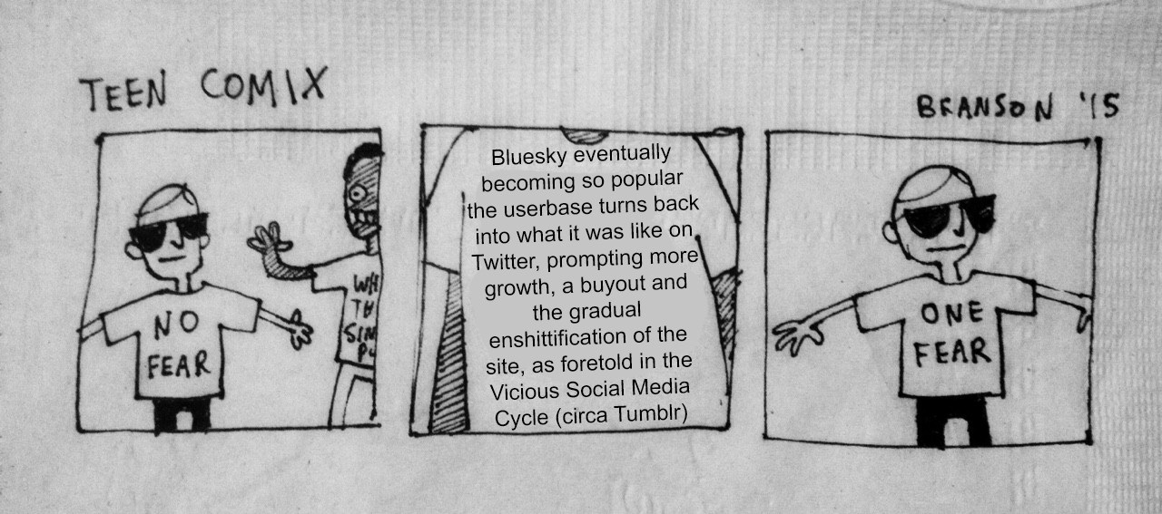 an edit of the famous "Simpsons Porn" Teen Comix image, but the middle person's shirt reads: "Bluesky eventually becoming so popular the userbase turns back into what it was like on Twitter, prompting more growth, a buyout and the gradual enshittification of the site, as foretold in the Vicious Social Media Cycle (circa Tumblr)"