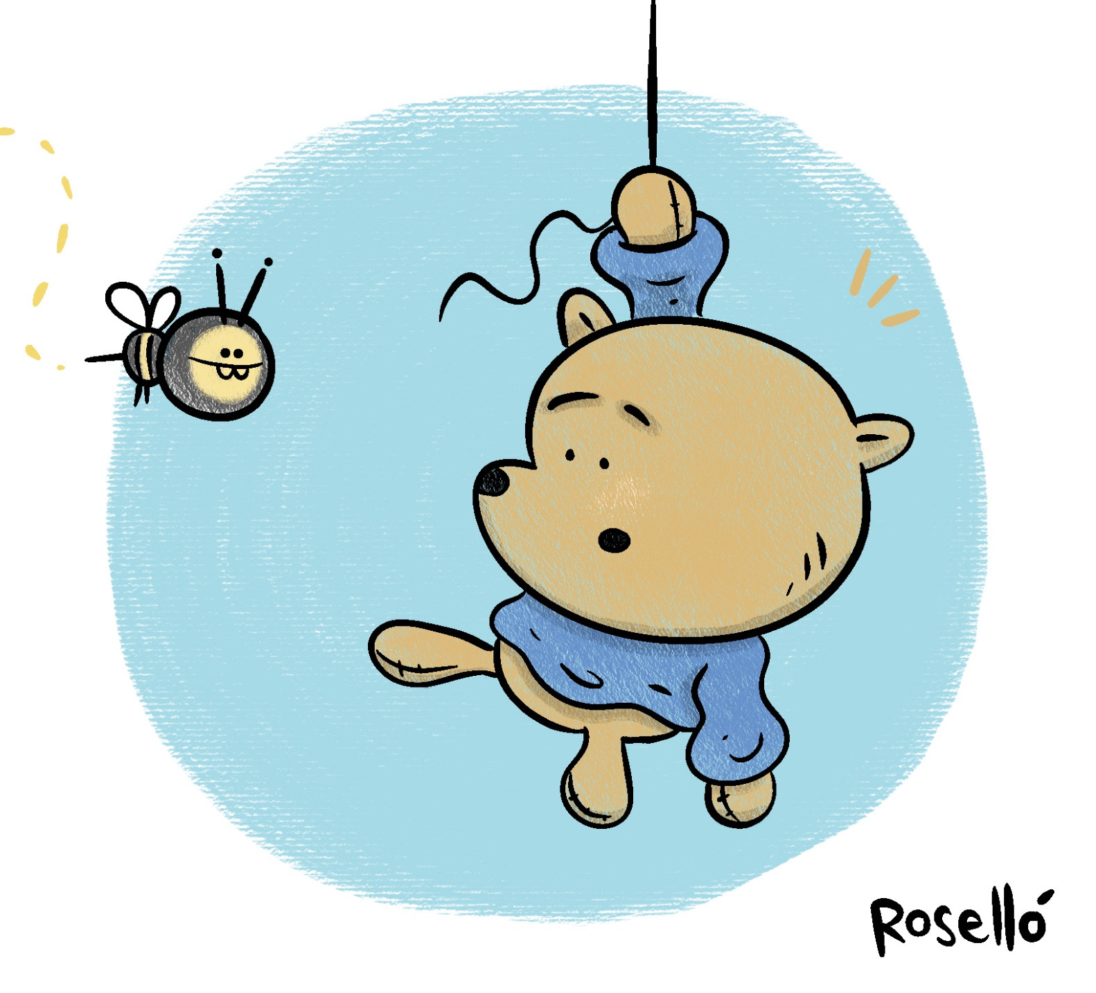 Cartoon drawing Winnie-the-Pooh floating in the sky while holding on to the string of a balloon. He is confronted by a cartoon bee, and seems concerned about it.